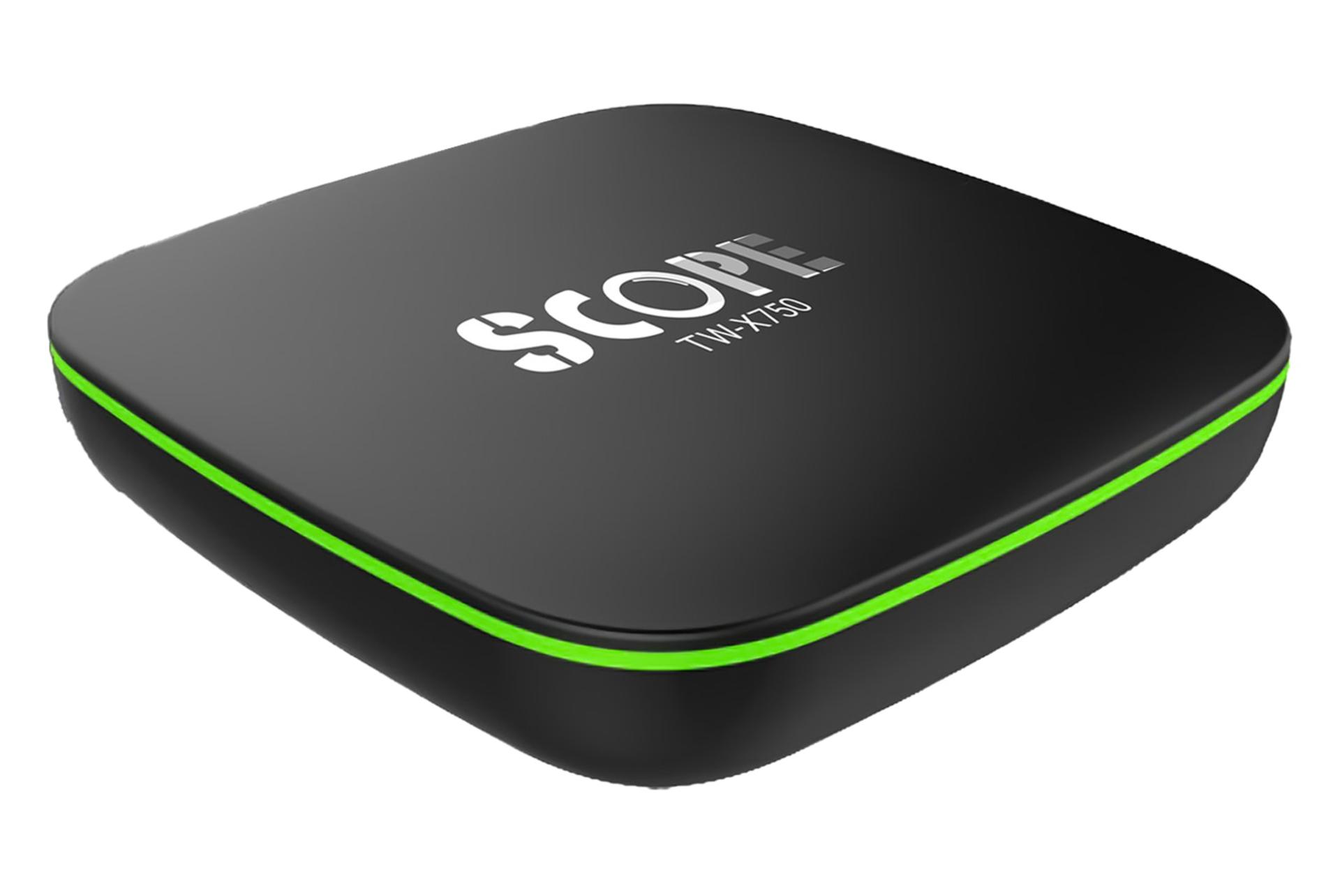 نمای نیمرخ اندروید باکس اسکوپ TW-X750 با نمایش لبه جلو و کناری و لوگوی پنل بالا