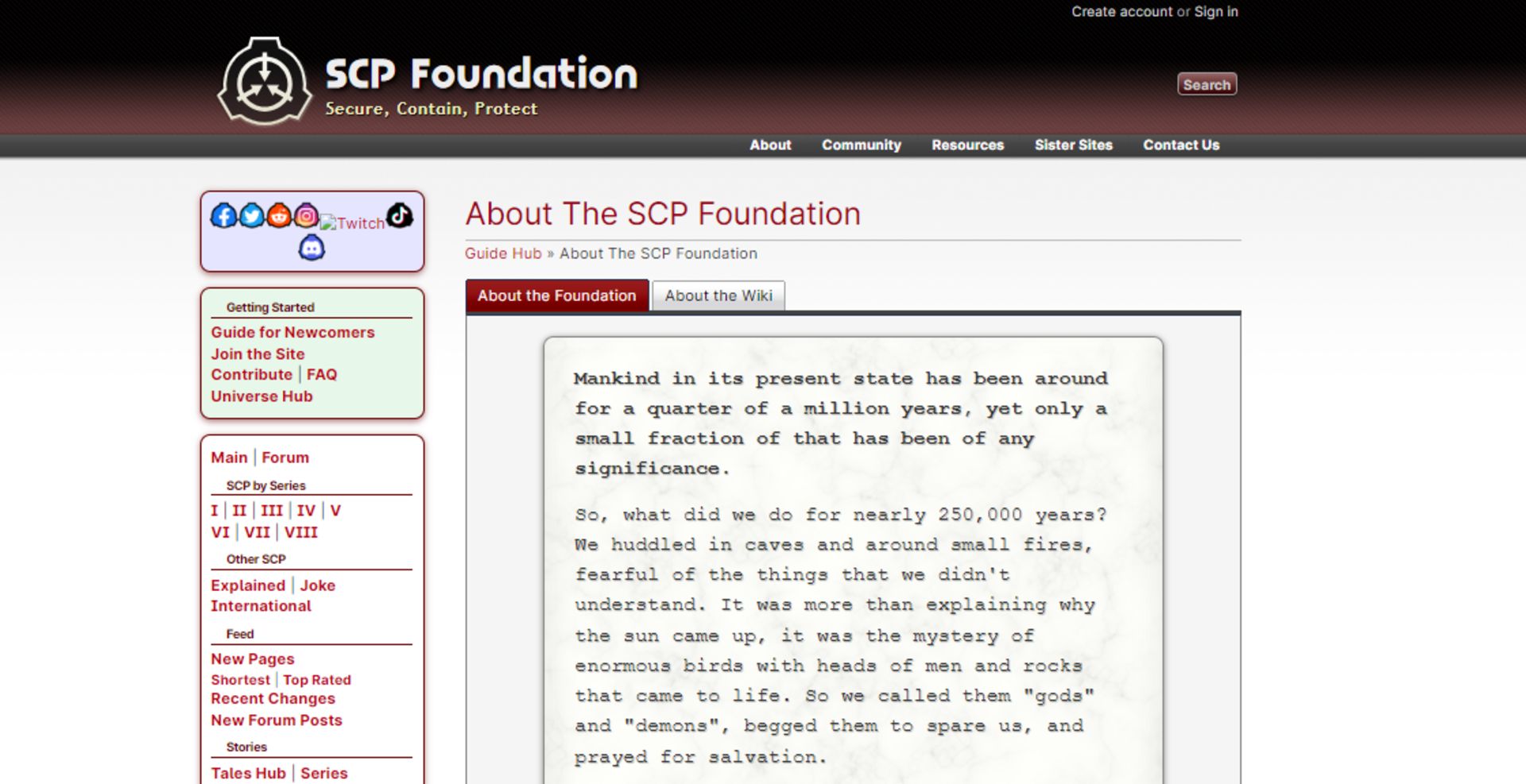 اسکرین‌شات از صفحه‌ی اصلی وب‌سایت scp foundation