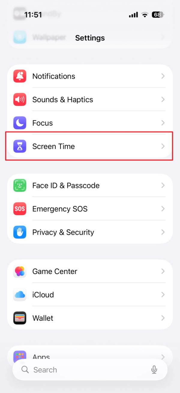تنظیمات آیفون در حالت روشن با گزینه‌ی Screen Time هایلایت شده
