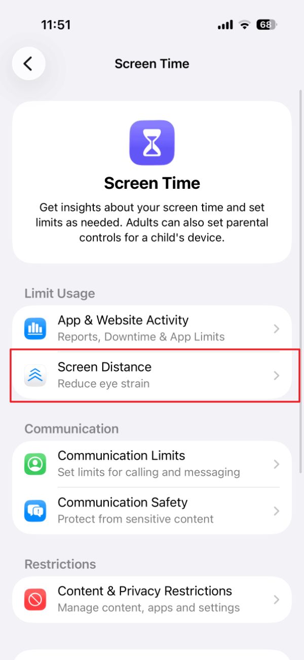 گزینه‌‌ی Screen Distance در تنظیمات آیفون