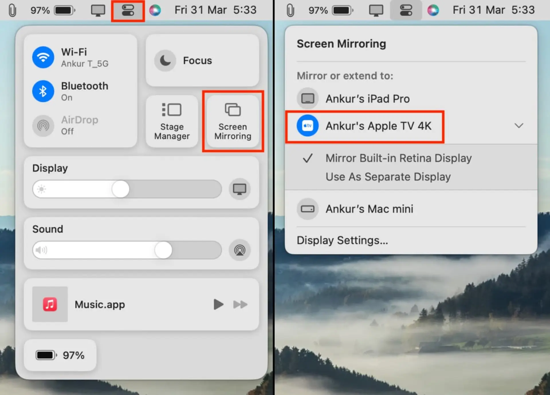 منوی Screen Mirroring در سیستم‌عامل مک برای اتصال به Apple TV (4K)