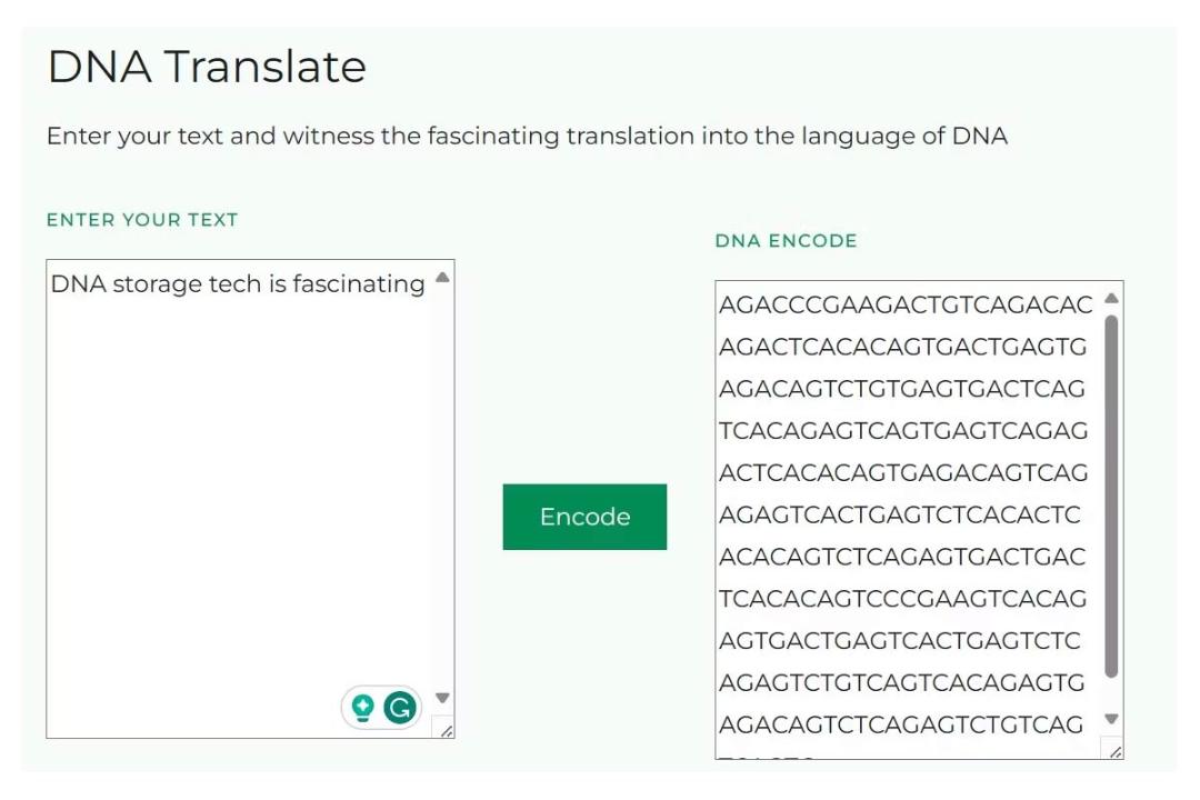 تصویری که نشان می‌دهد چگونه سیستم ذخیره‌سازی DNA داده‌های دوتایی را به جفت‌های باز نوکلئوتیدی ترجمه می‌کند