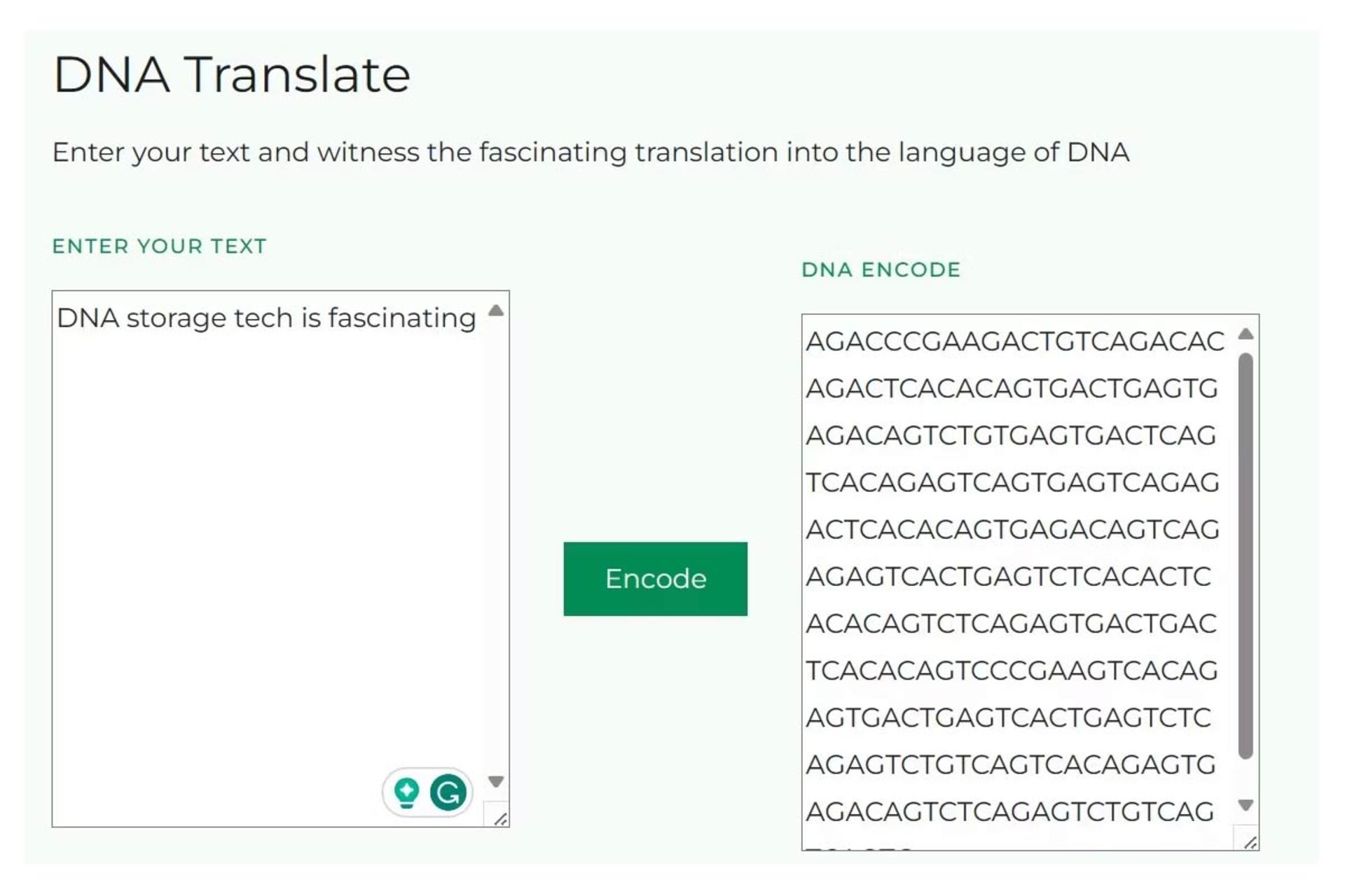 تصویری که نشان می‌دهد چگونه سیستم ذخیره‌سازی DNA داده‌های دوتایی را به جفت‌های باز نوکلئوتیدی ترجمه می‌کند