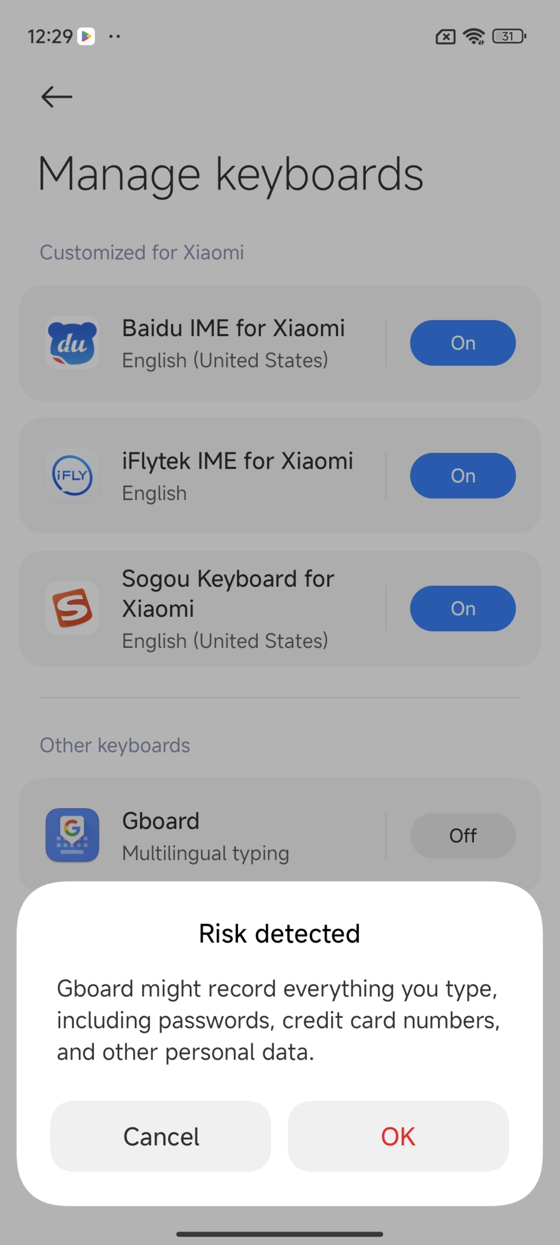 اخطار نصب GBoard در نسخه چینی HyperOS