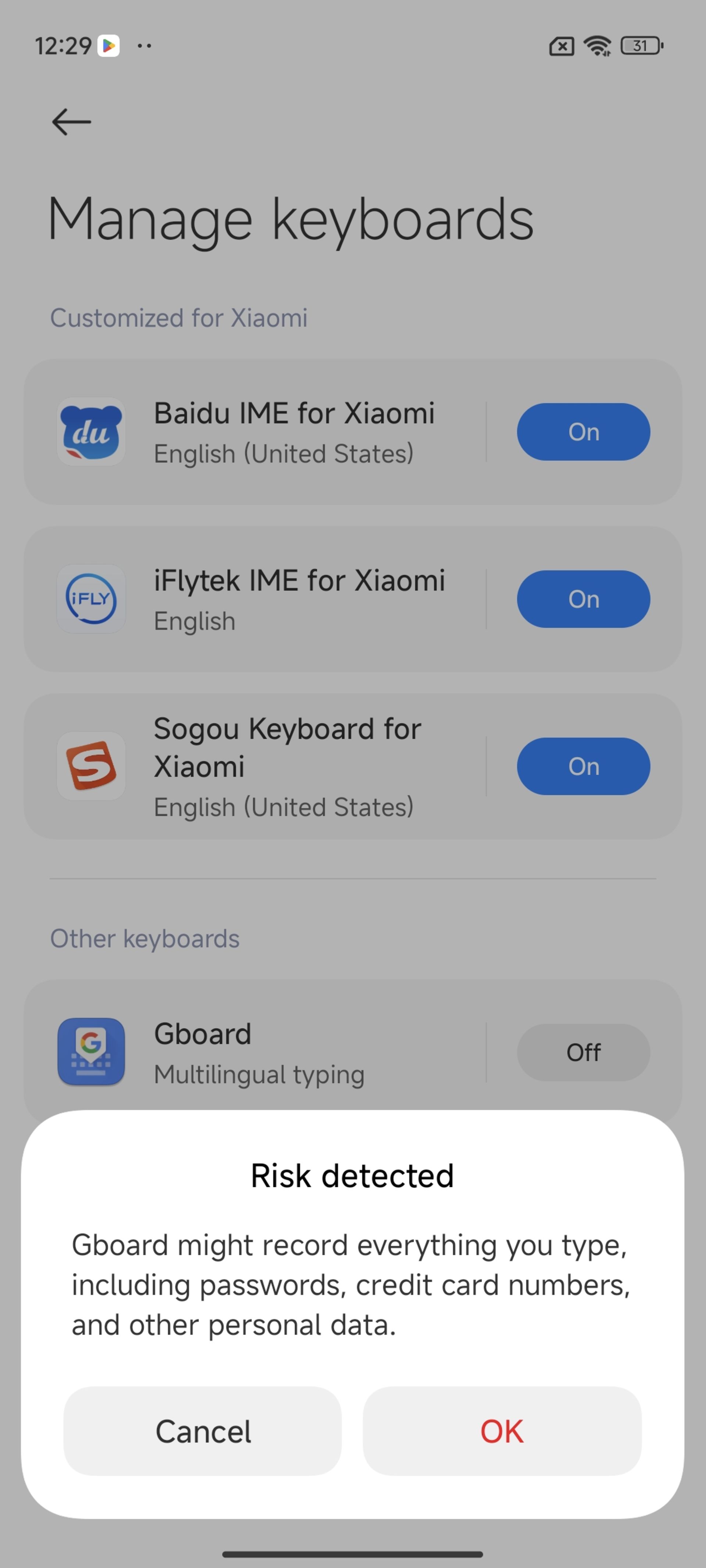 اخطار نصب GBoard در نسخه چینی HyperOS