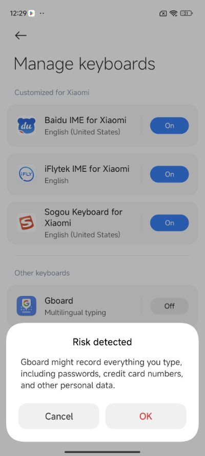 GBoard installation warning in Chinese version of HyperOS