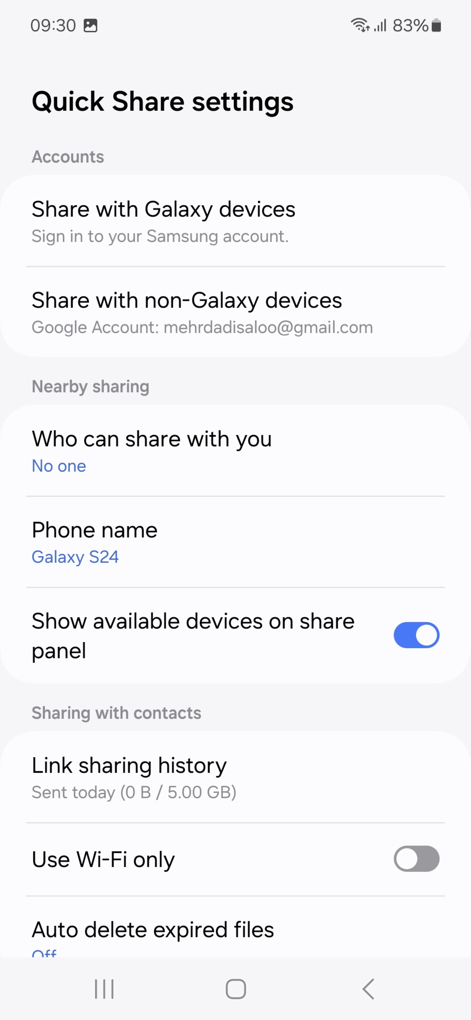 One Ui 6.1 Quick Share settings