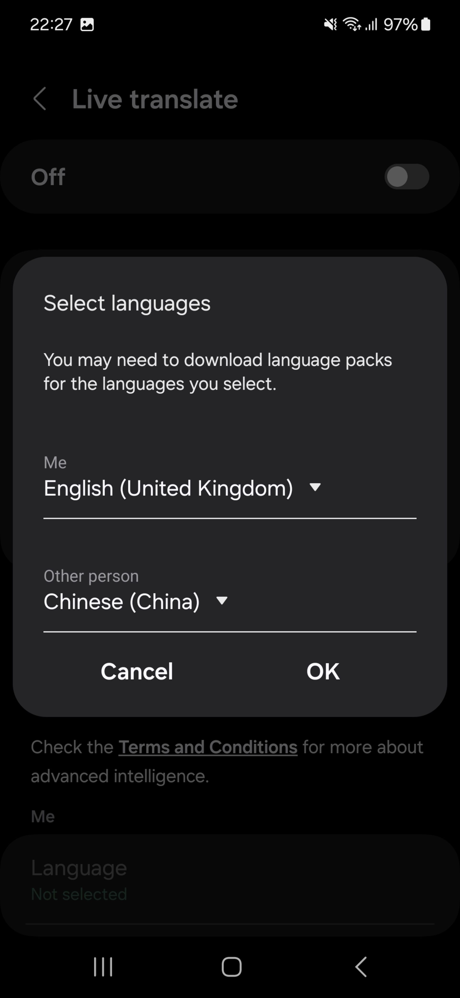Galaxy AI Live Translate settings
