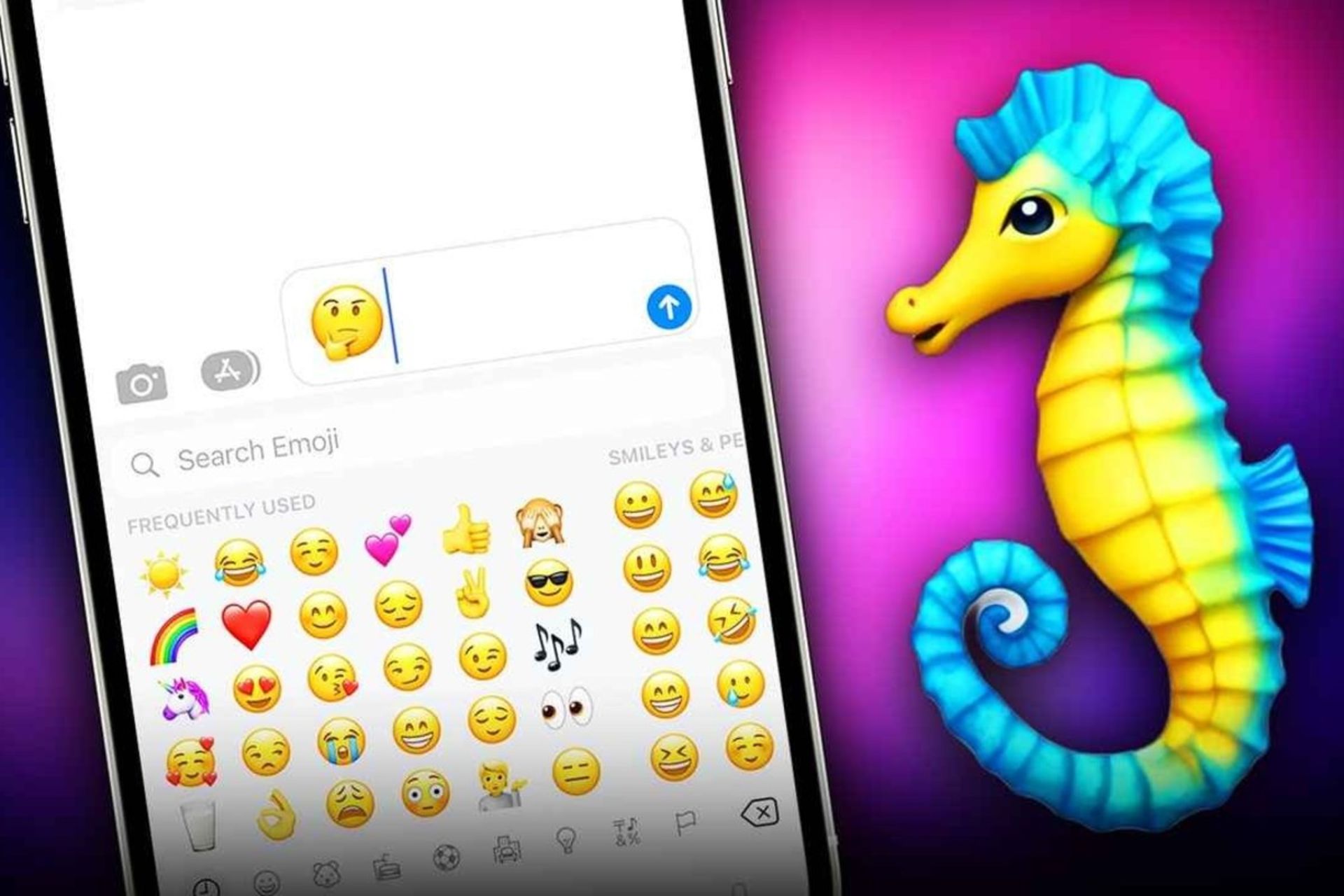 یموجی خیالی اسب آبی کنار نمایشگر موبایل