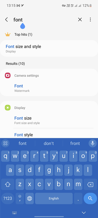 جستجوی کلمه Font در تنظیمات 