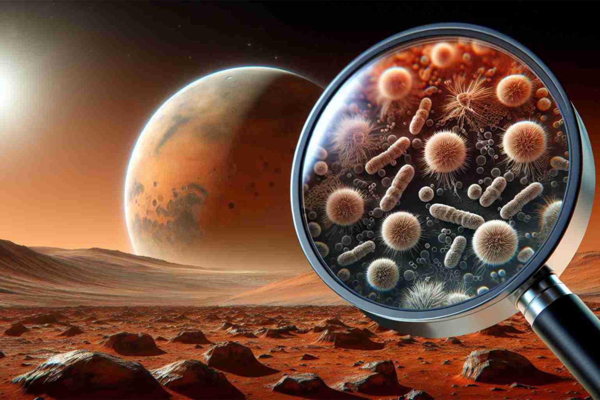  یک ذره‌بین موجودات ریزمیکروسکوپی، مانند باکتری‌ها و اسپورها، را روی سطح مریخ نشان می‌دهد
