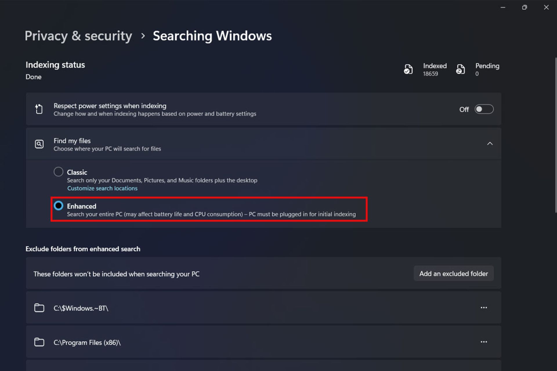 تنظیمات Searching Windows