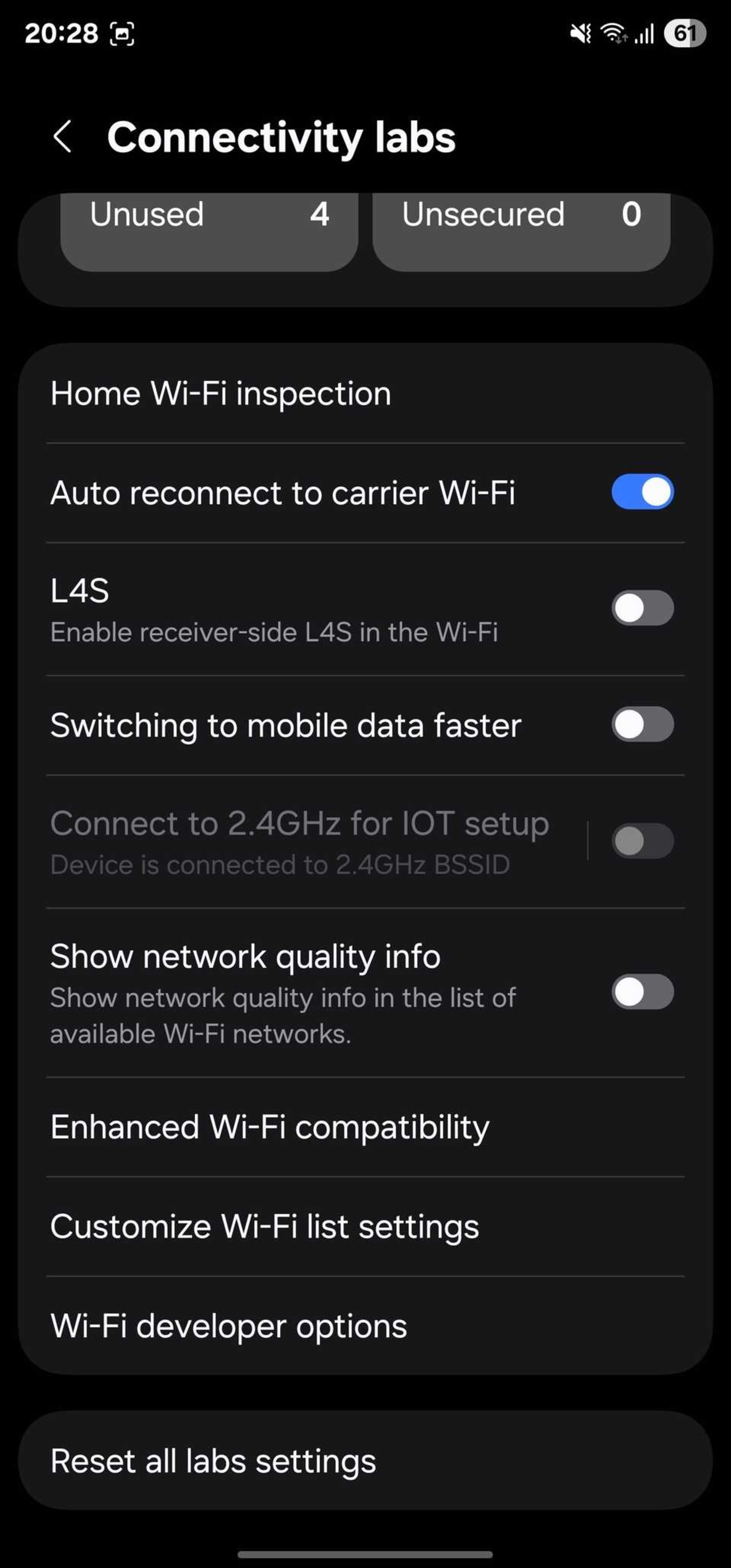 منوی Connectivity labs وای‌فای گوشی سامسونگ