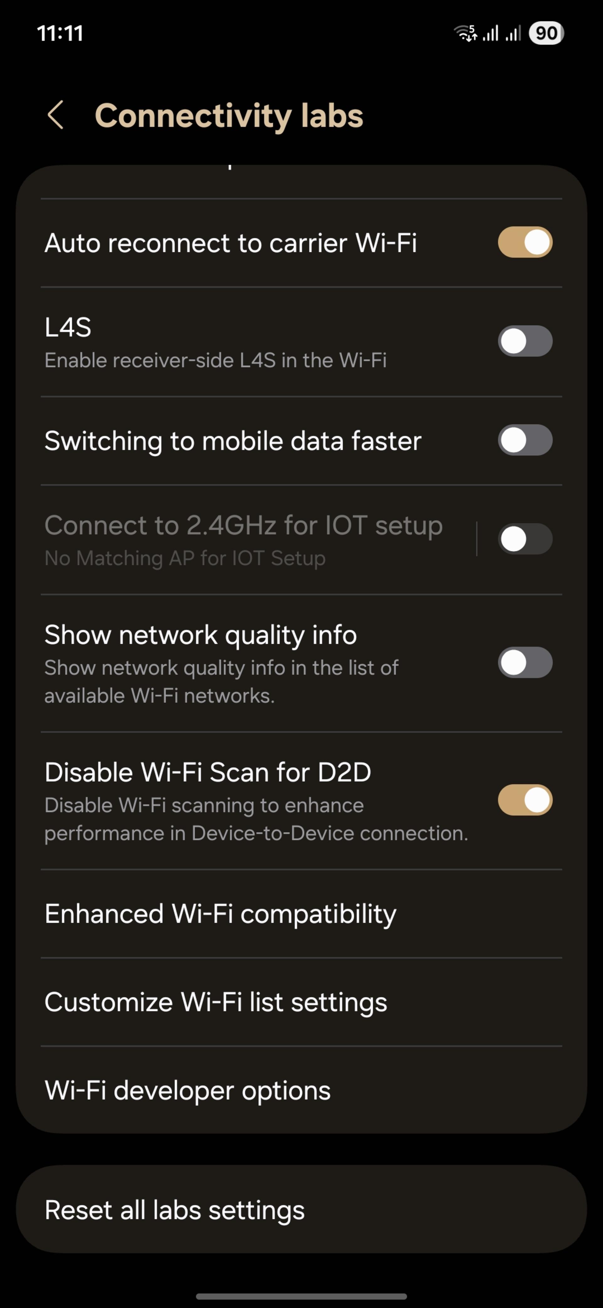 منوی Connectivity labs وای‌فای گوشی سامسونگ