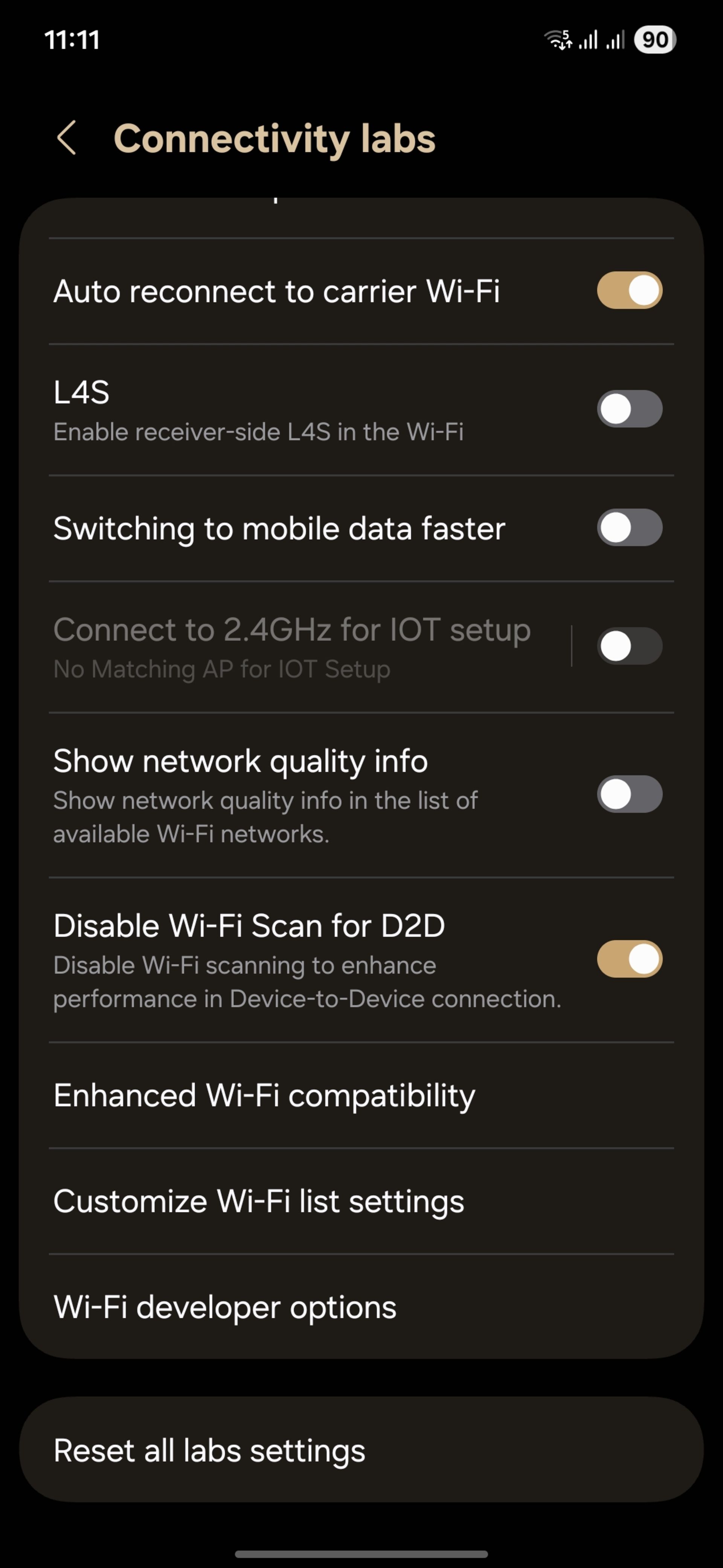 منوی Connectivity labs وای‌فای گوشی سامسونگ
