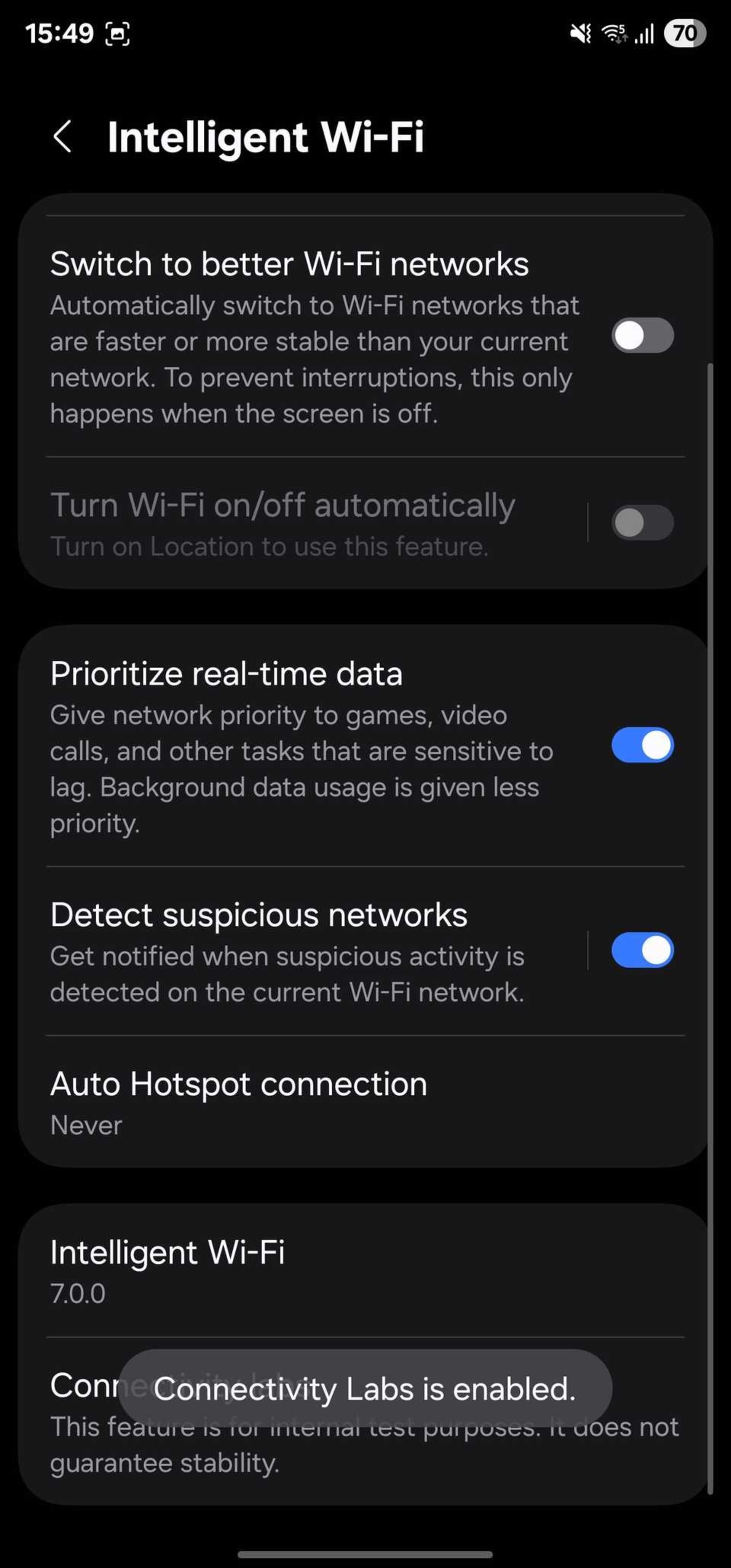 منوی Connectivity labs وای‌فای گوشی‌های سامسونگ