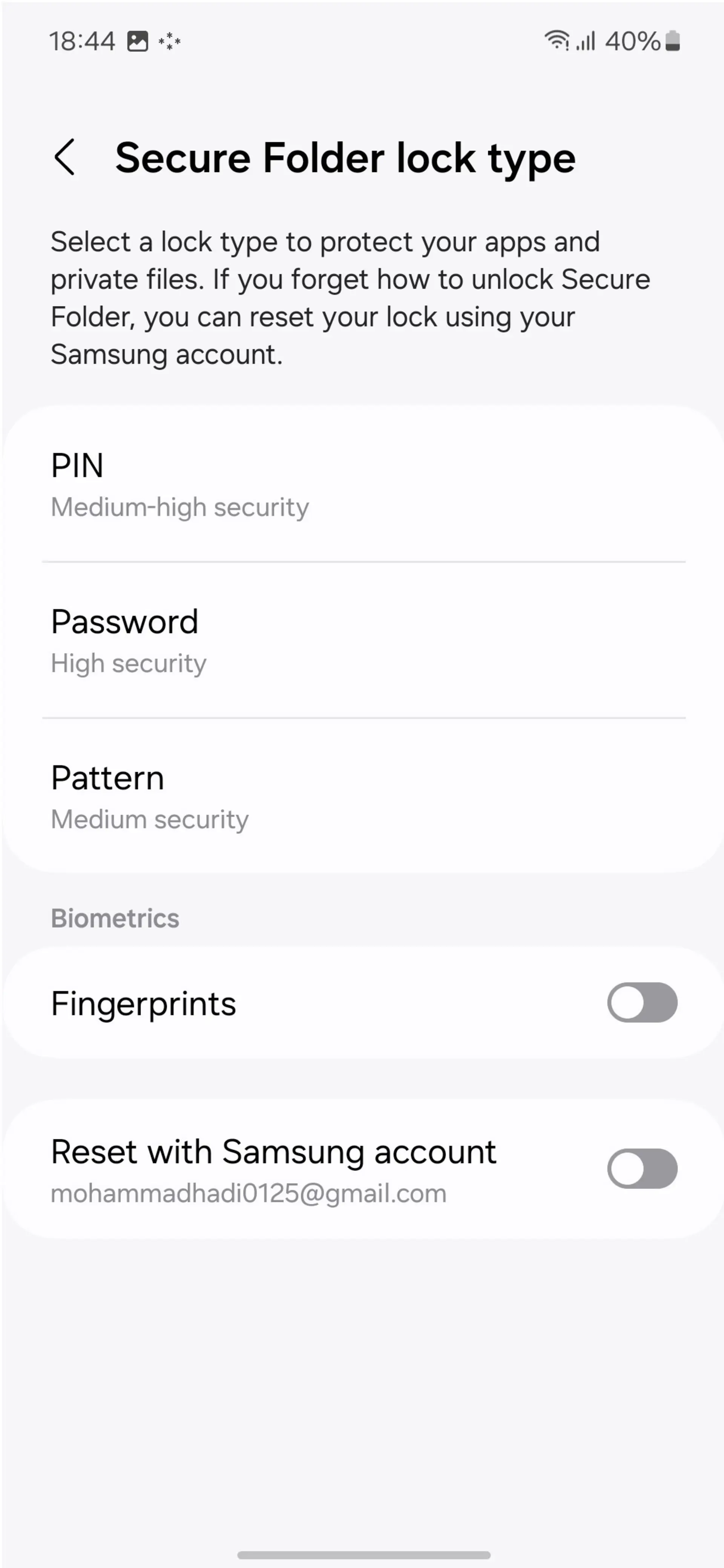 منوی Secure Folder lock type