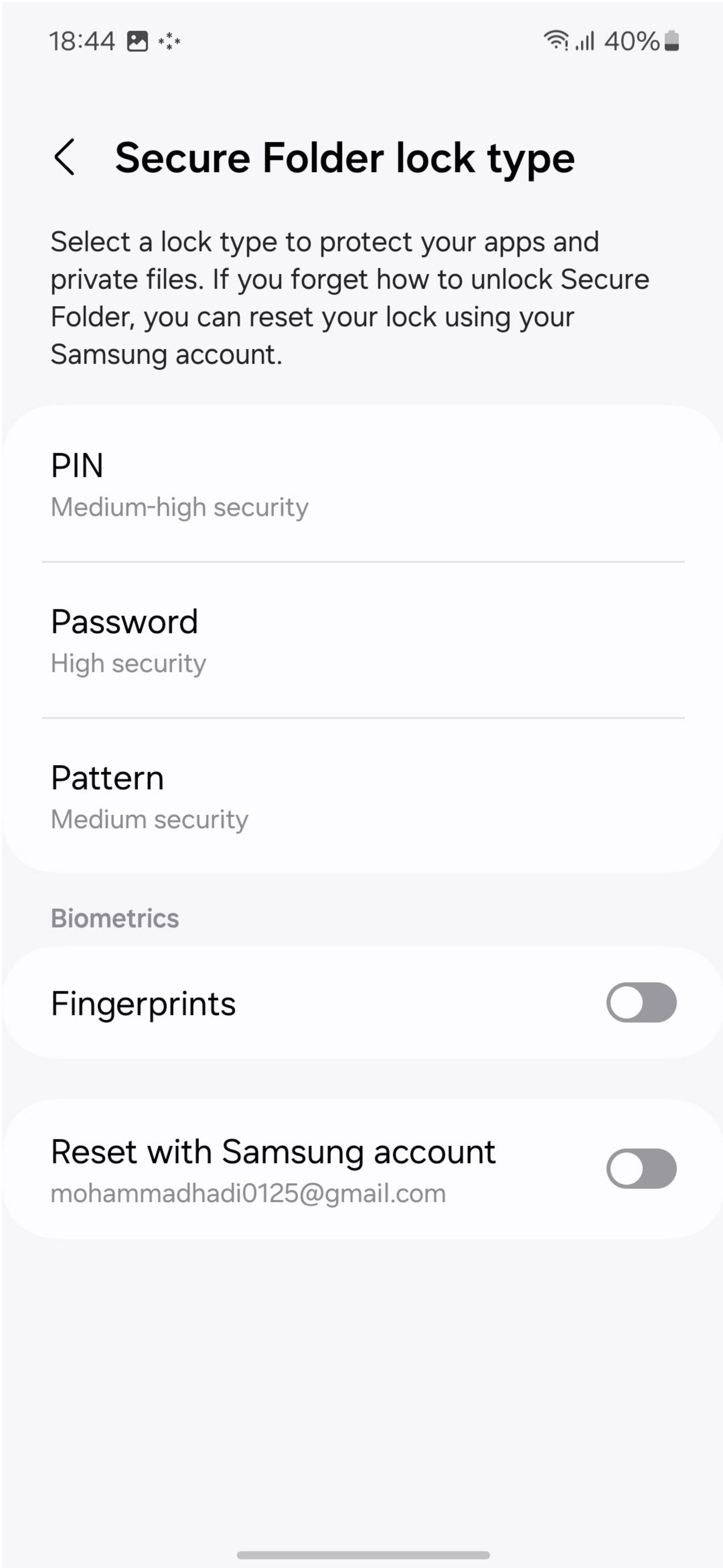 منوی Secure Folder lock type