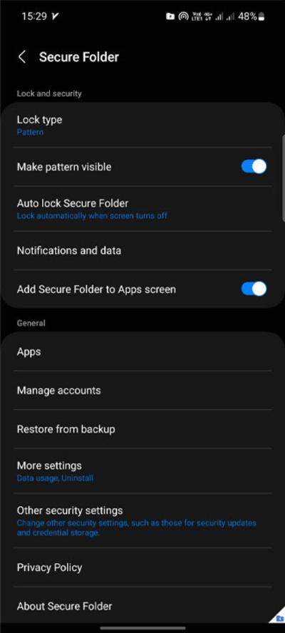 تنظیمات Secure Folder