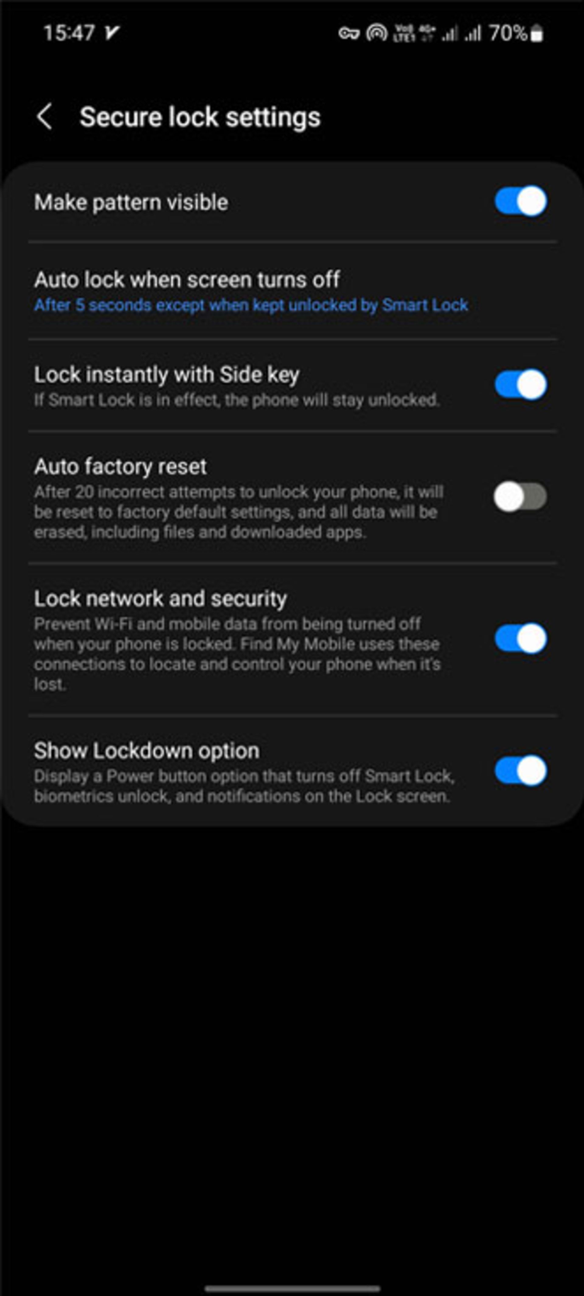 تنظیمات Secure lock screen 