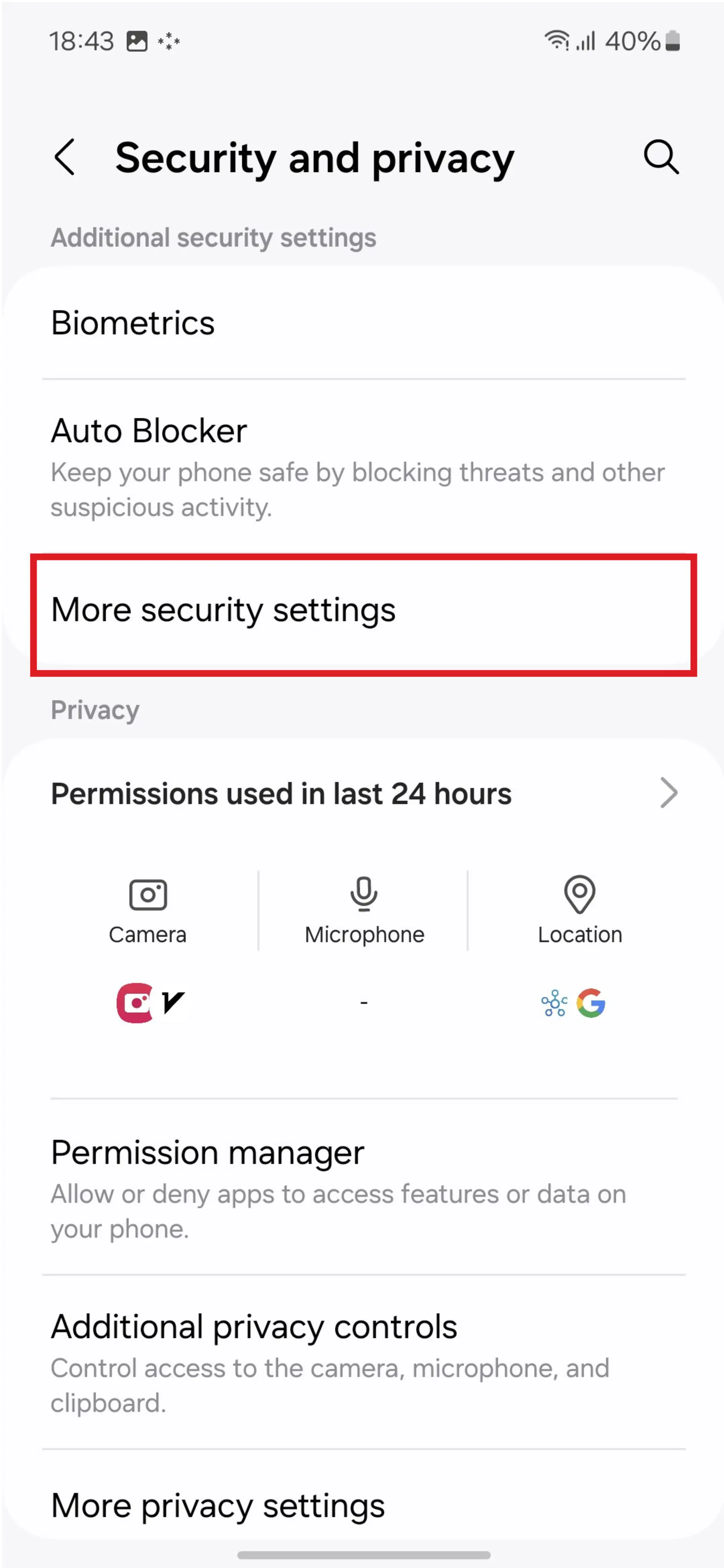 منوی Security & privacy