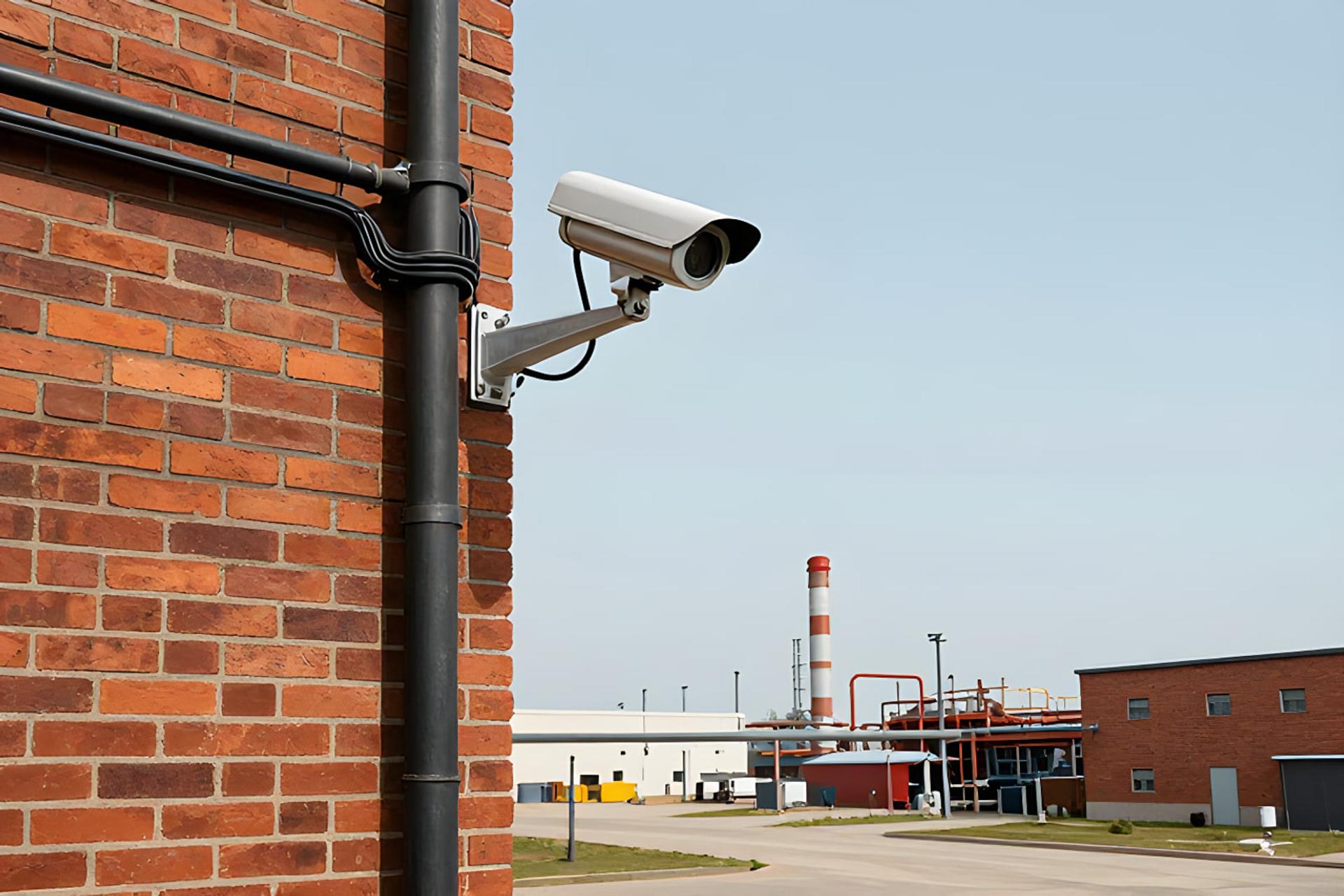 دوربین مداربسته (CCTV) نصب شده روی دیوار آجری یک واحد صنعتی