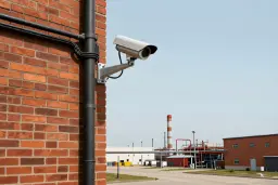 دوربین مداربسته (CCTV) نصب شده روی دیوار آجری یک واحد صنعتی