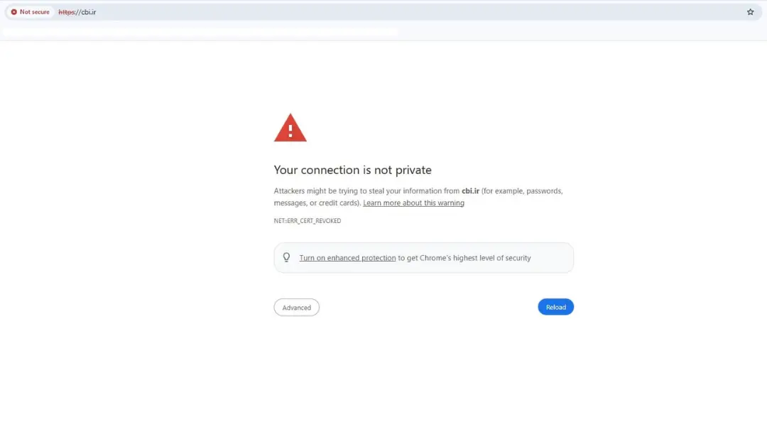 پیام خطای عدم امنیت اتصال در مرورگر کروم برای سایت cbi.ir