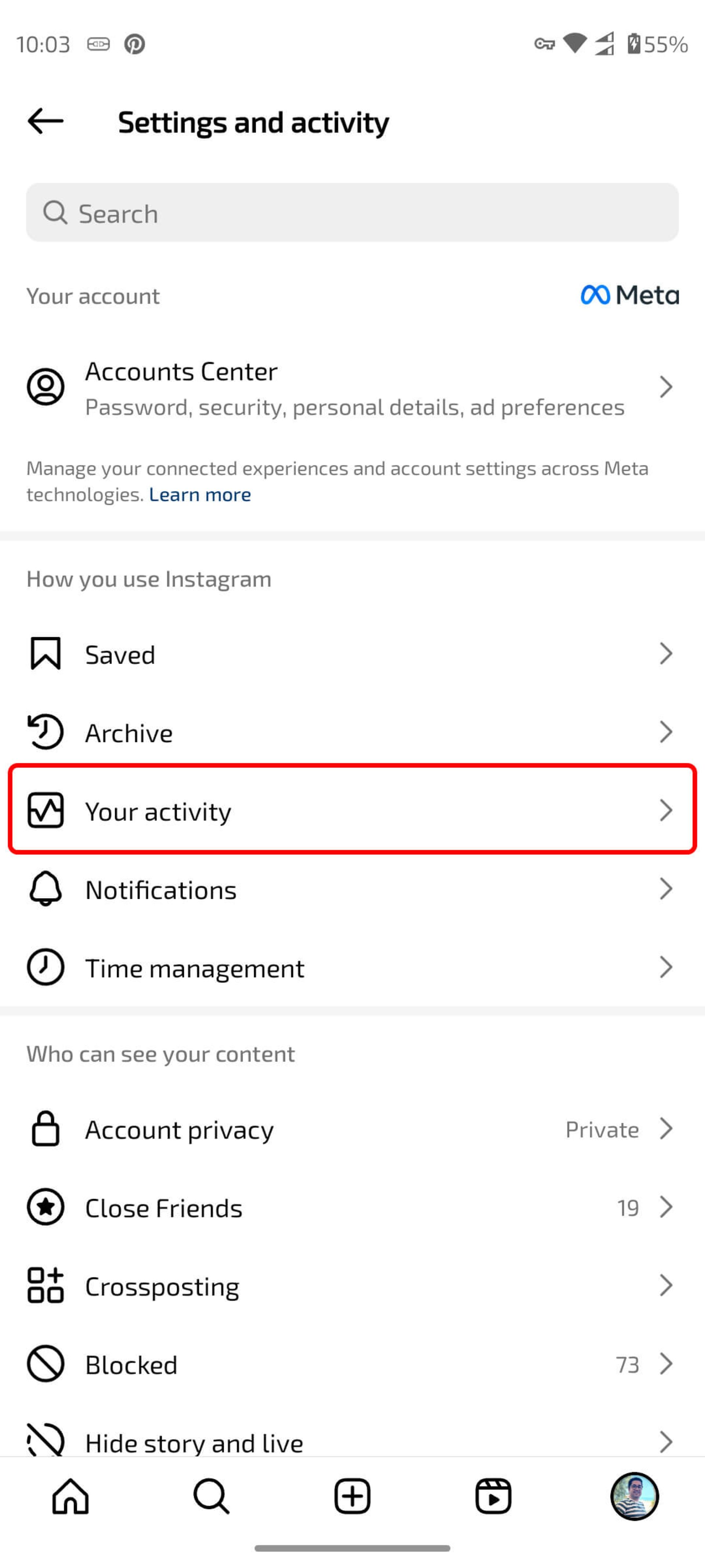 بخش settings and activity اینستاگرام