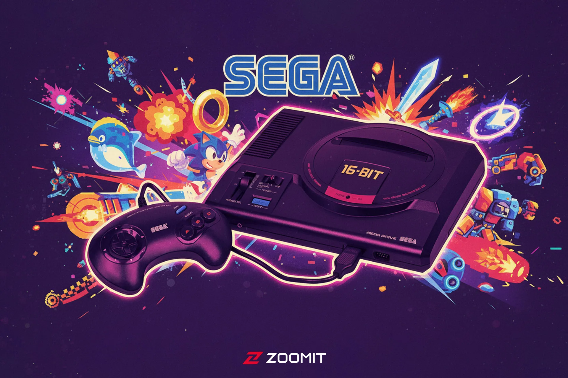 کنسول سگا مگا درایو ۲ با شخصیت های سگا پشت آن