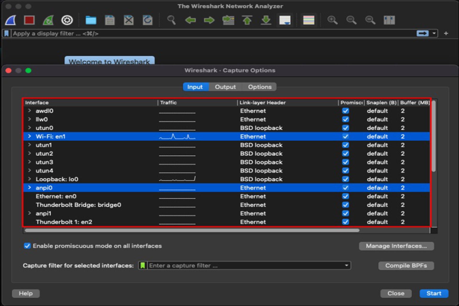 مرحله اول انتخاب interface دلخواه در نرم افزار Wireshark