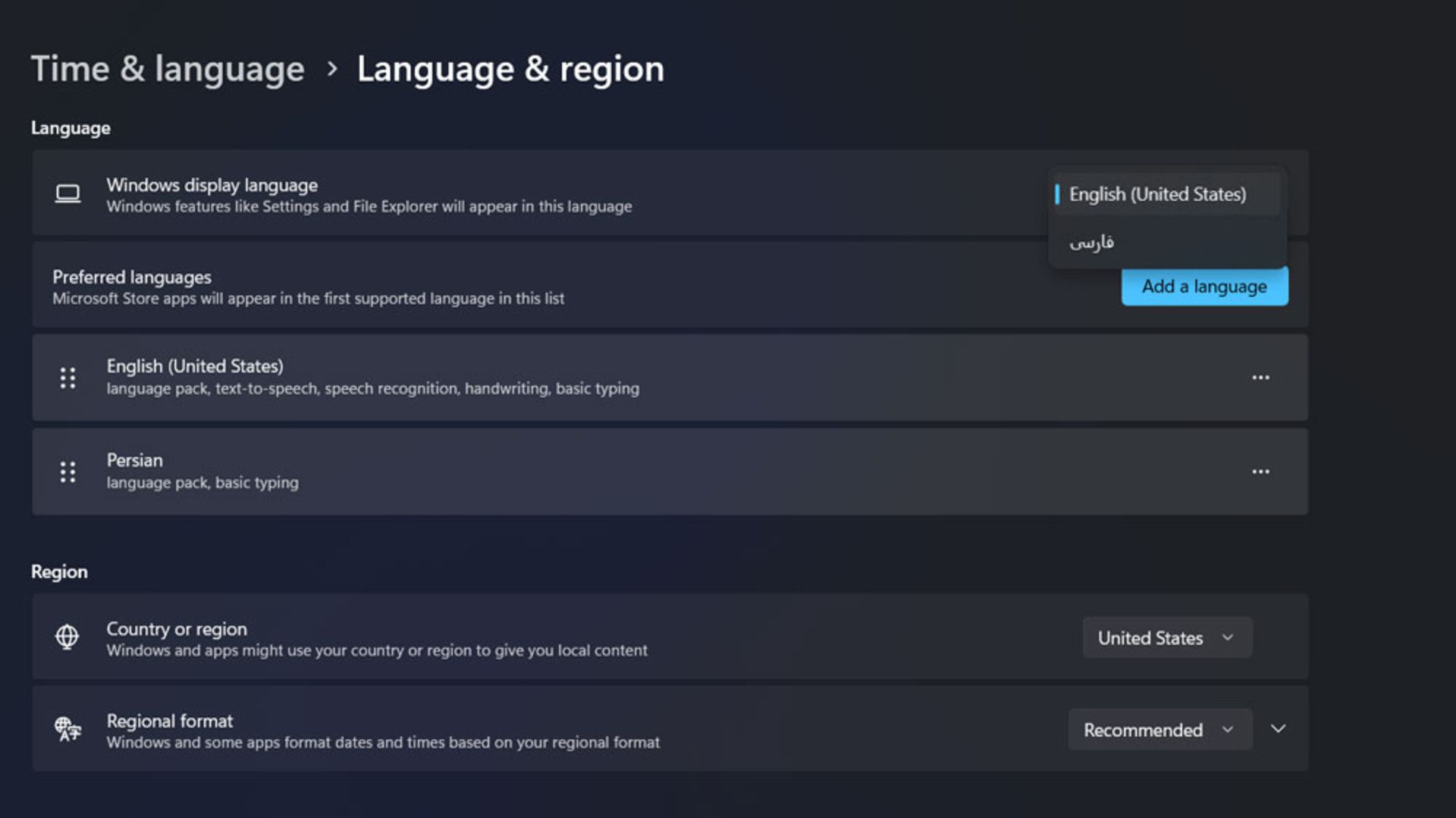 انتخاب زبان جدید در بخش Language & region