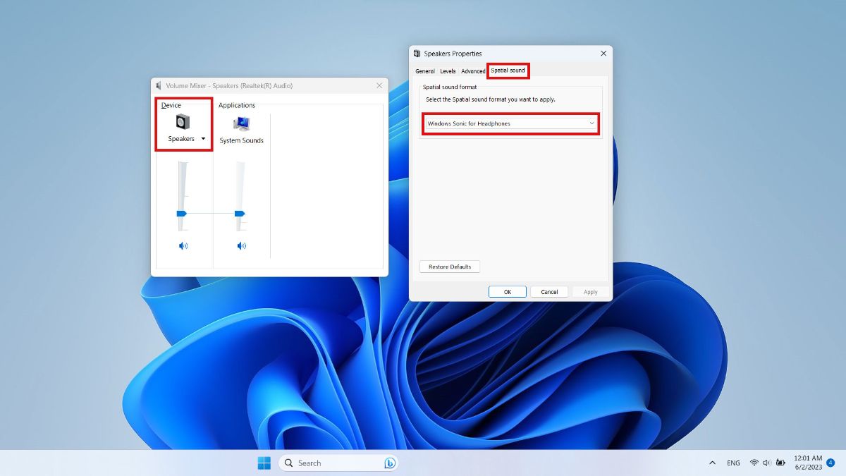انتخاب Spatial sound در قسمت ولوم میکسر ویندوز