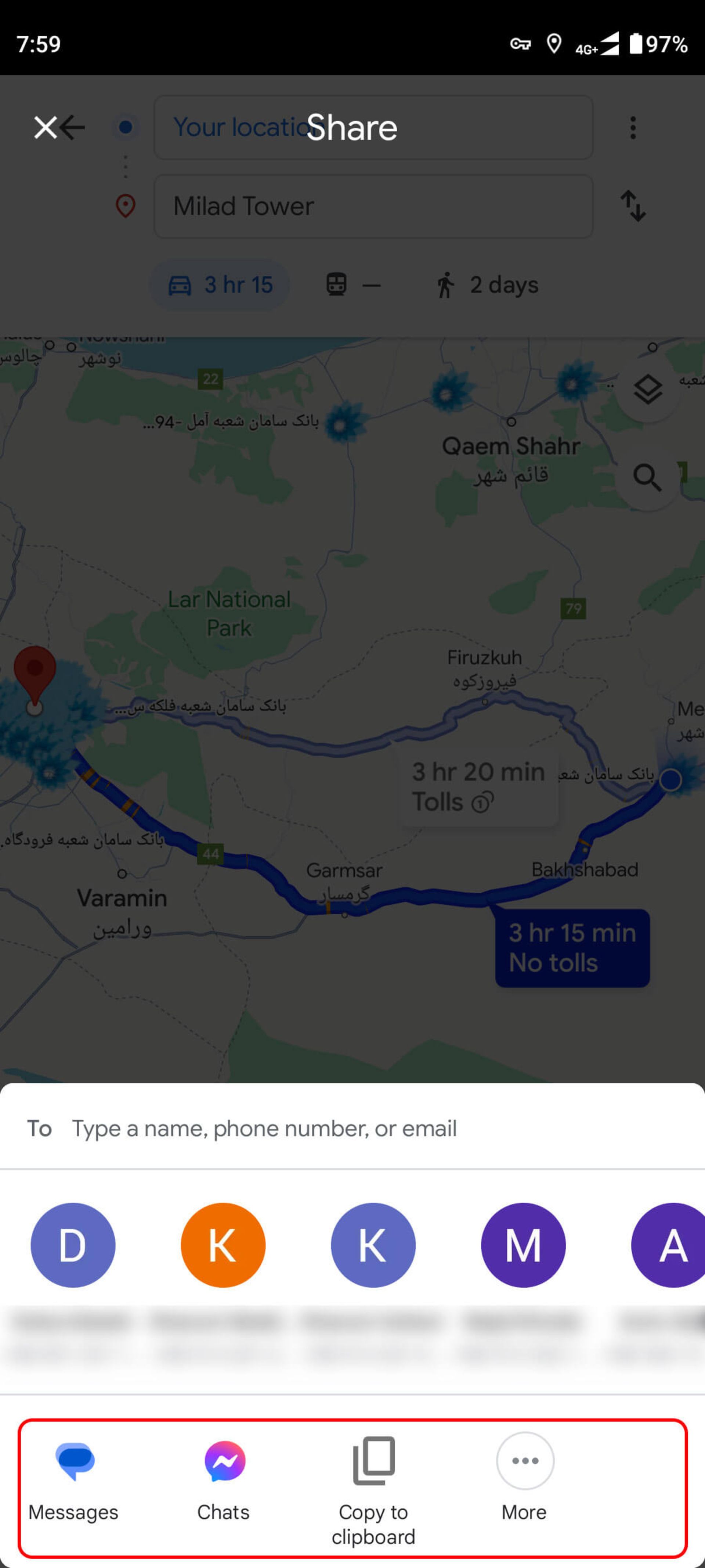 انتخاب نوع اشتراک گذاری مسیر در گوگل مپ