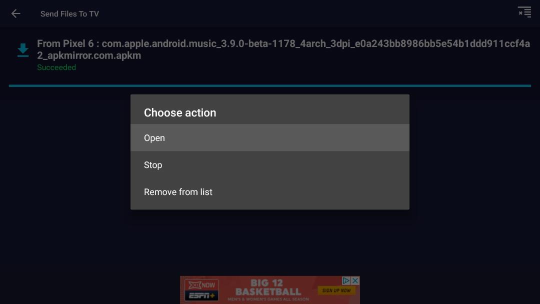 نصب فایل APK در برنامه Send file to tv