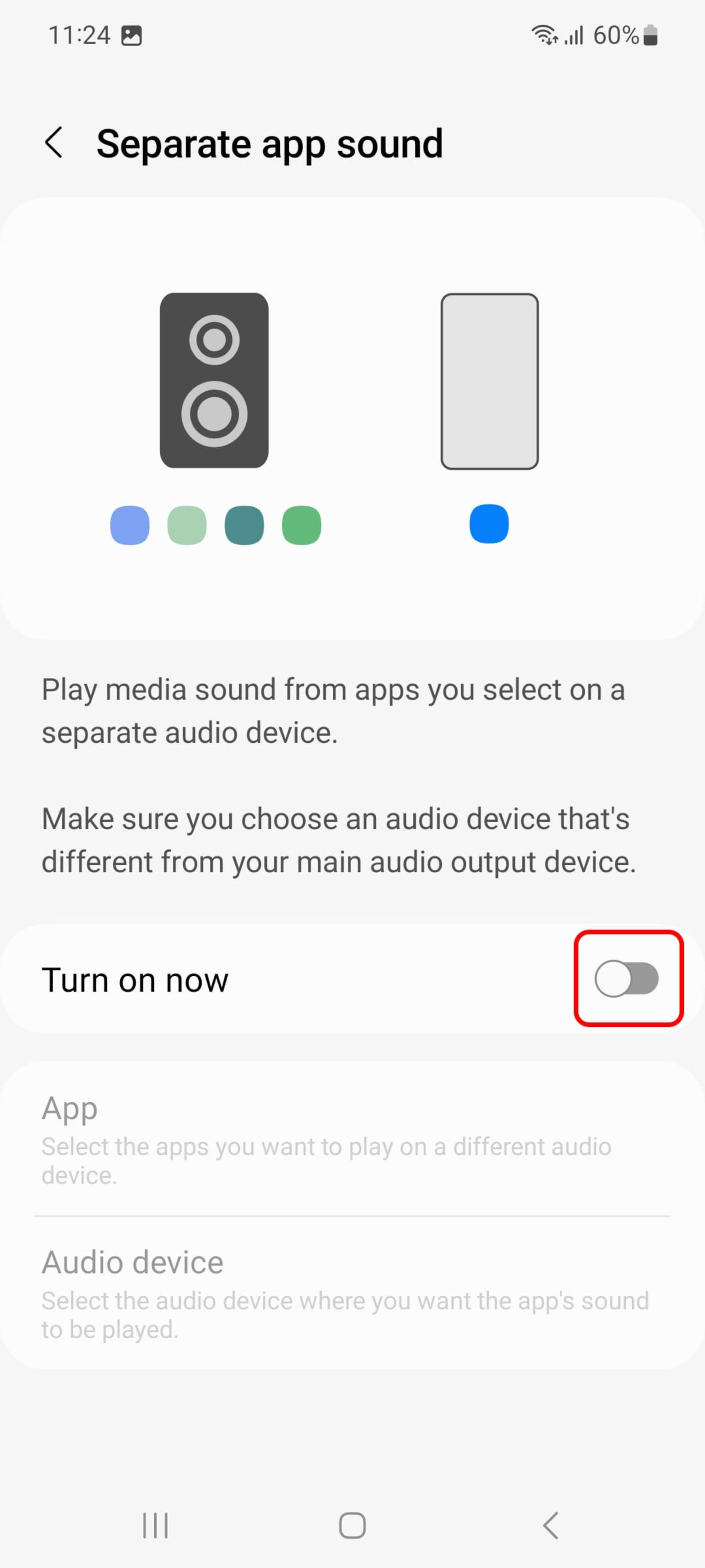 دکمه‌ی Turn on now در بخش قابلیت پخش جداگانه صدای اپلیکیشن