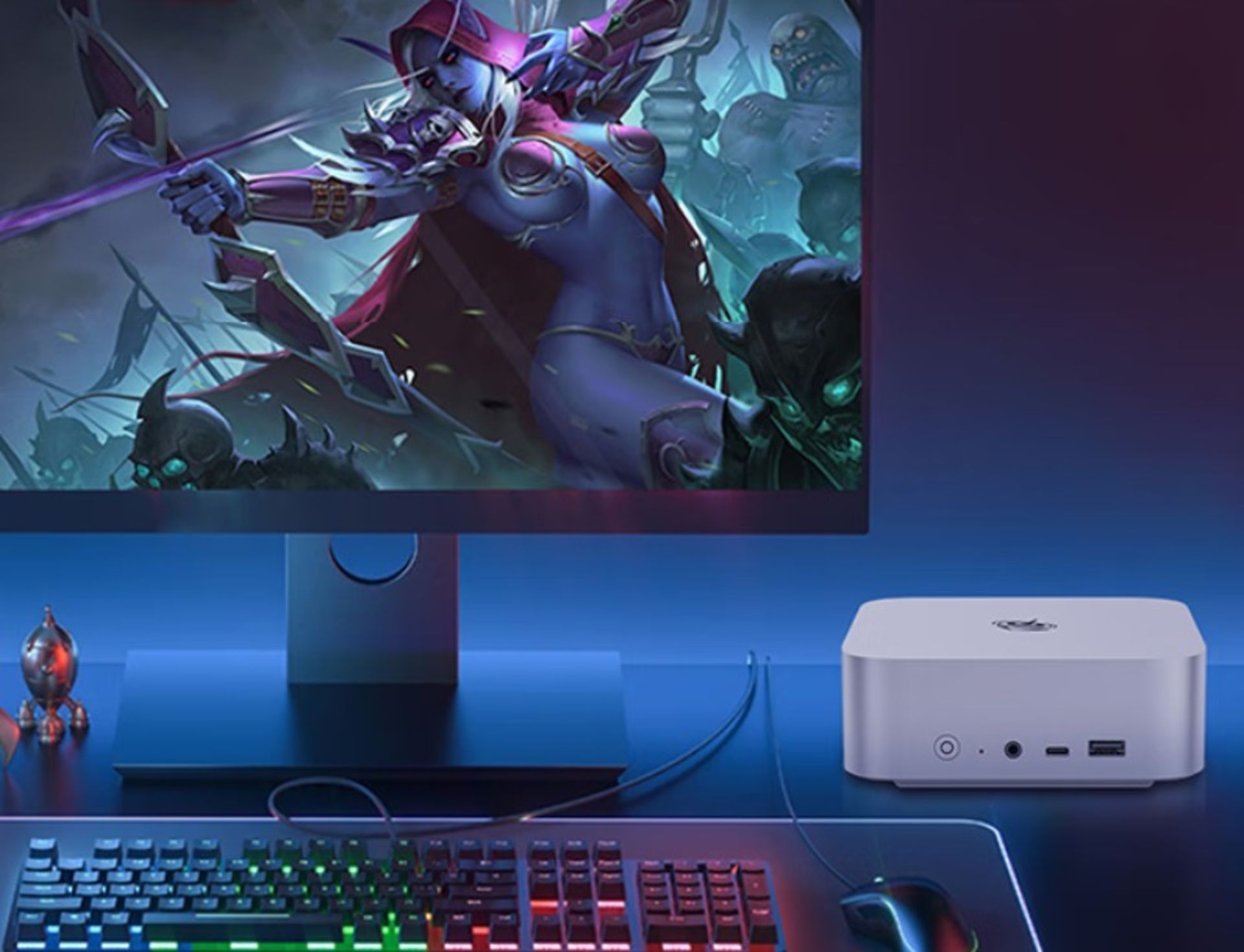 مینی کامپیوتر SER9 Max کنار مانیتور