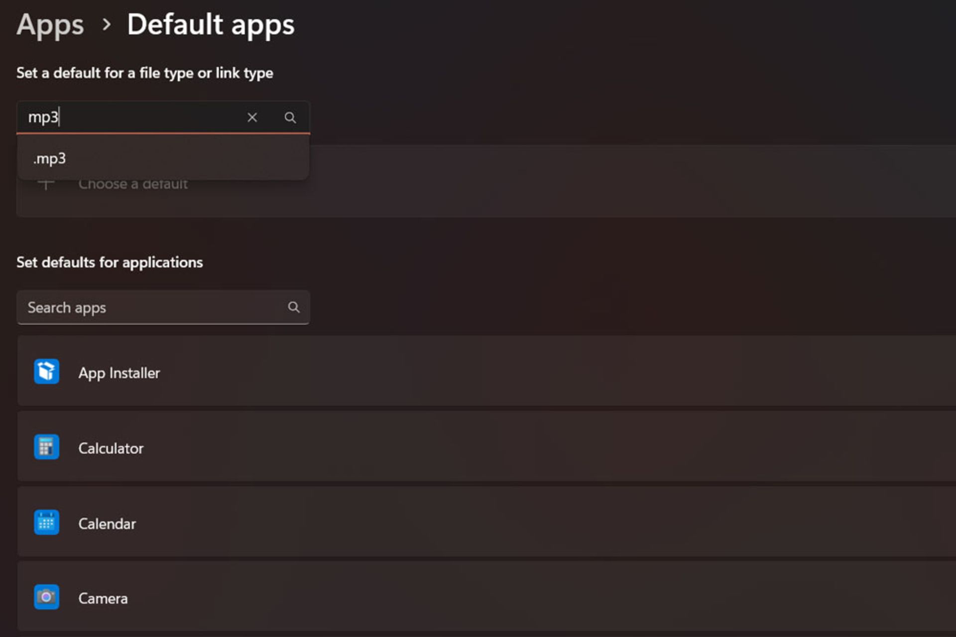 جستجوی نوع فایل در بخش Set Default