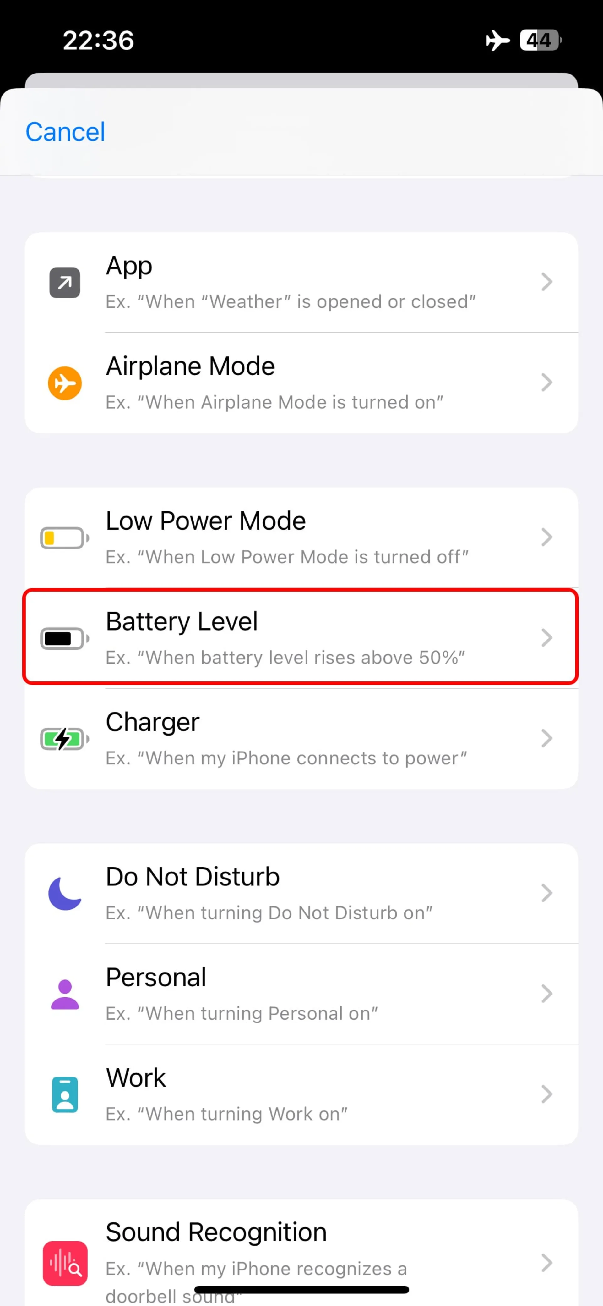انتخاب Battery Level در اپلیکیشن  Shortcut