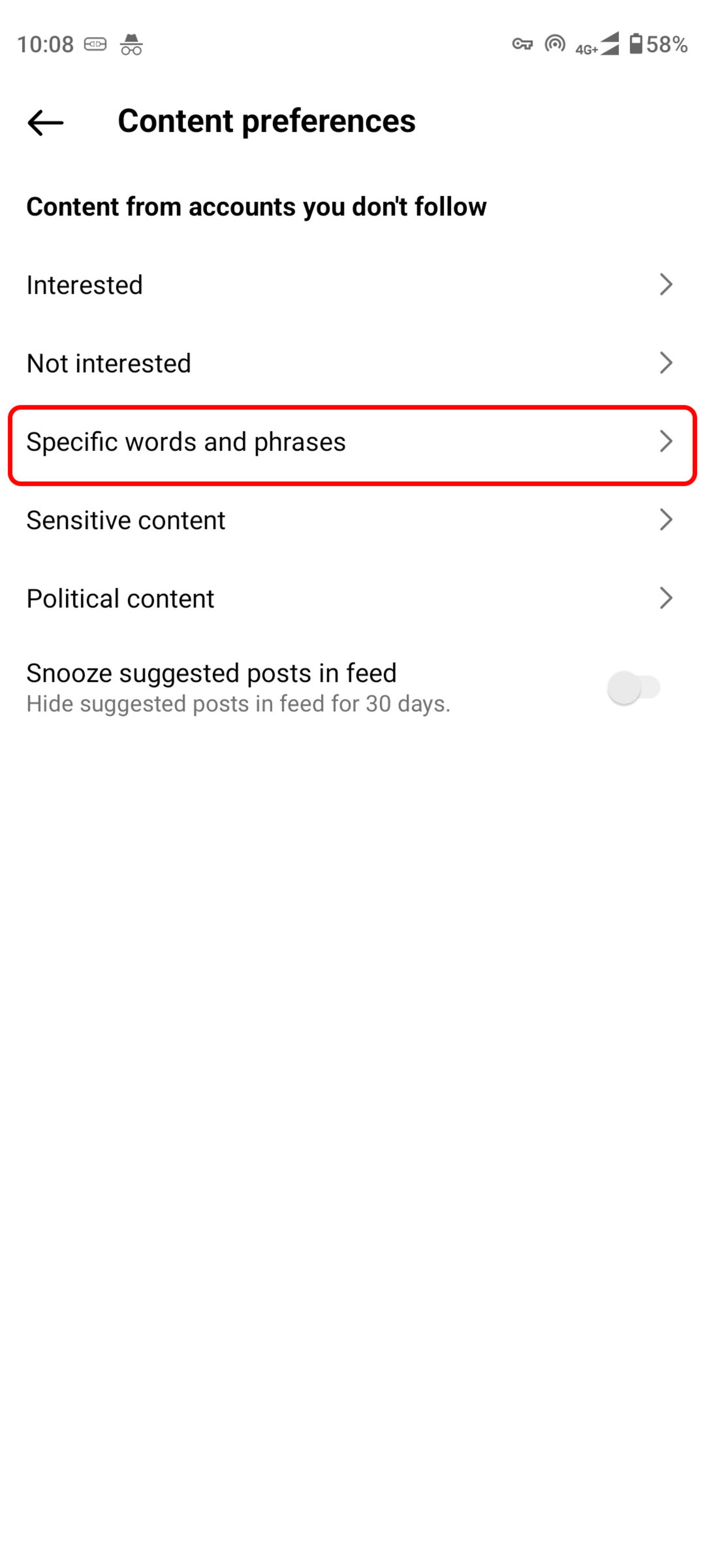 صفحه content preferences و انتخاب Specific words and phrases