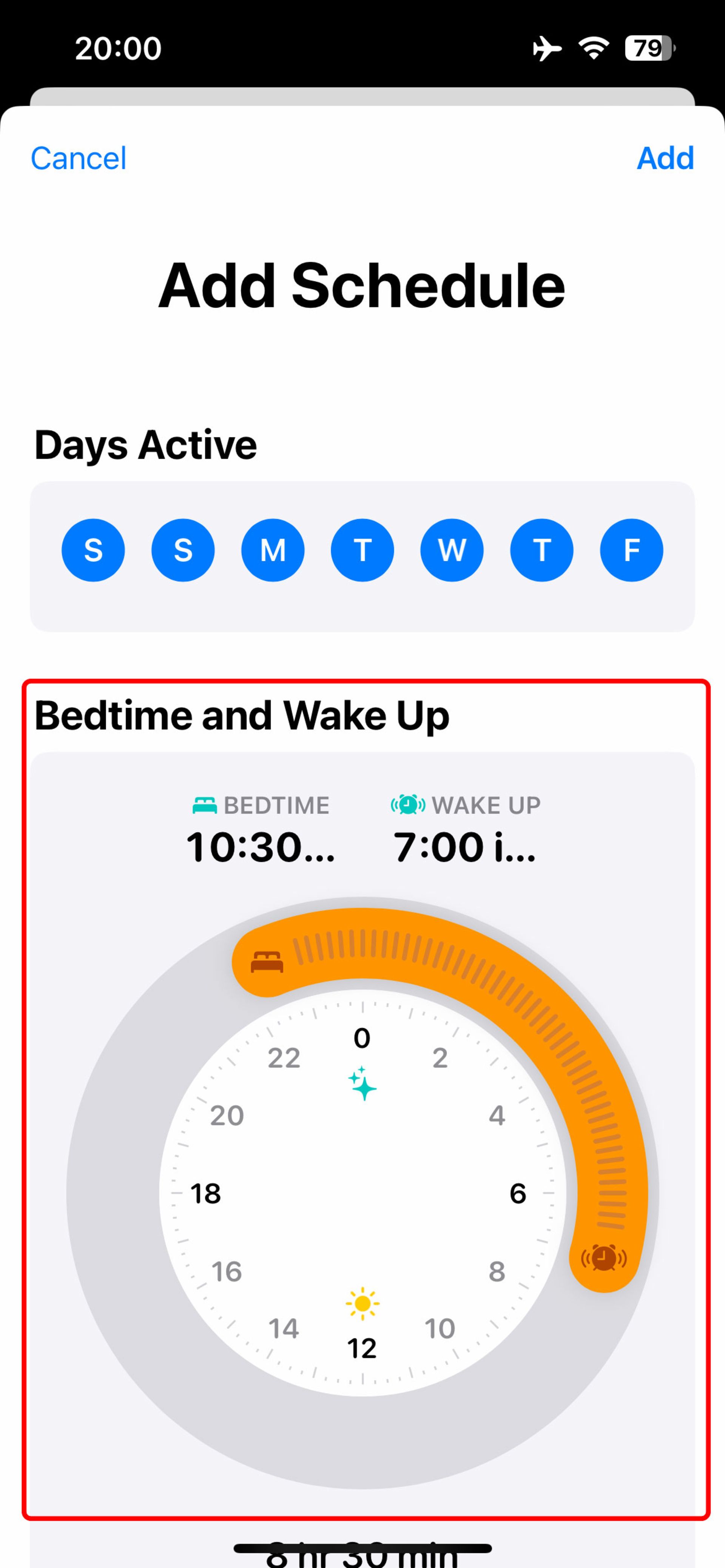 انتخاب ساعت خواب و بیدار شدن در اپلیکیشن health