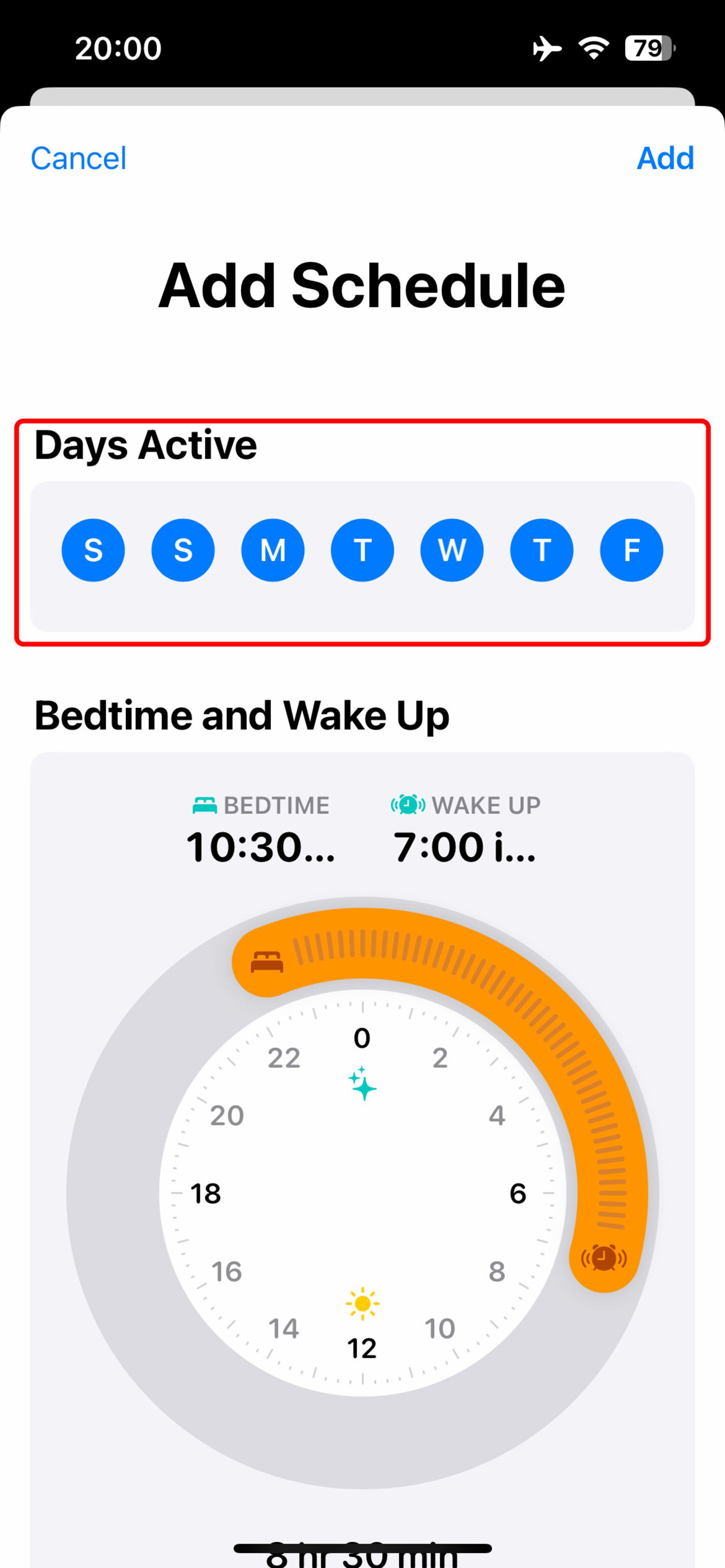 انتخاب روز خوابیدن و بیدار شدن در ویژگی sleep در اپلیکیشن health
