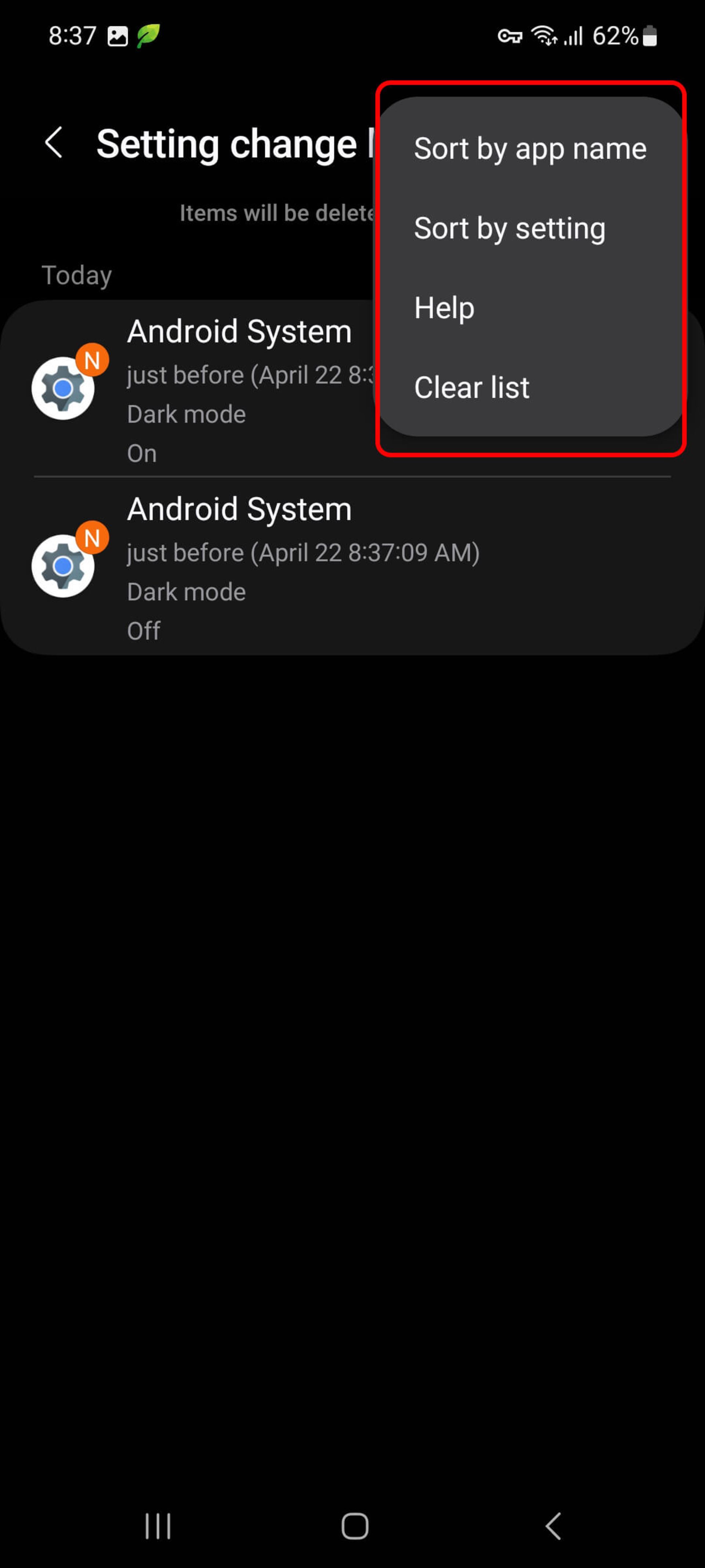 مرتب سازی و تغییرات بیشتر در بخش Setting change history