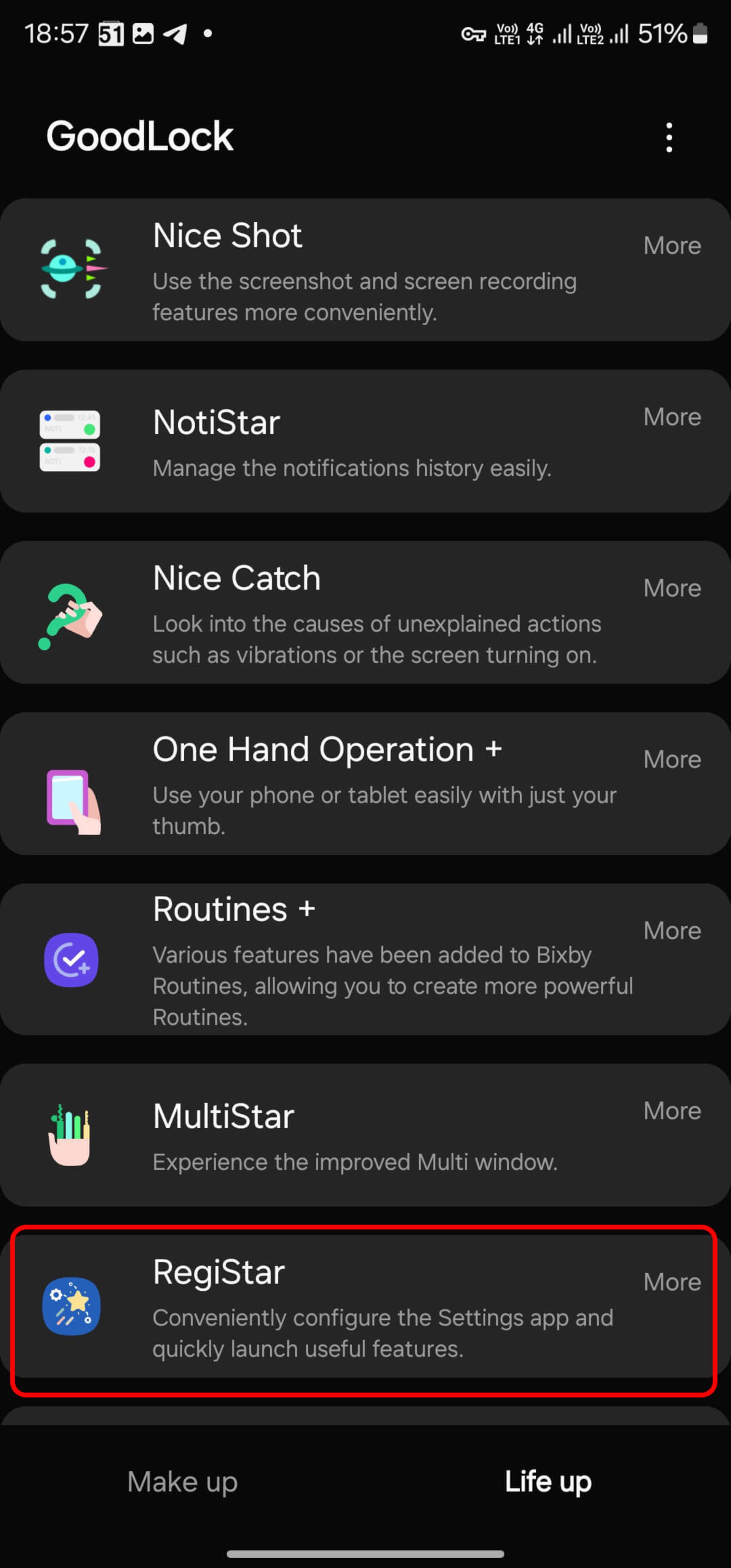 انتخاب ماژول registar در اپلیکیشن Good Lock
