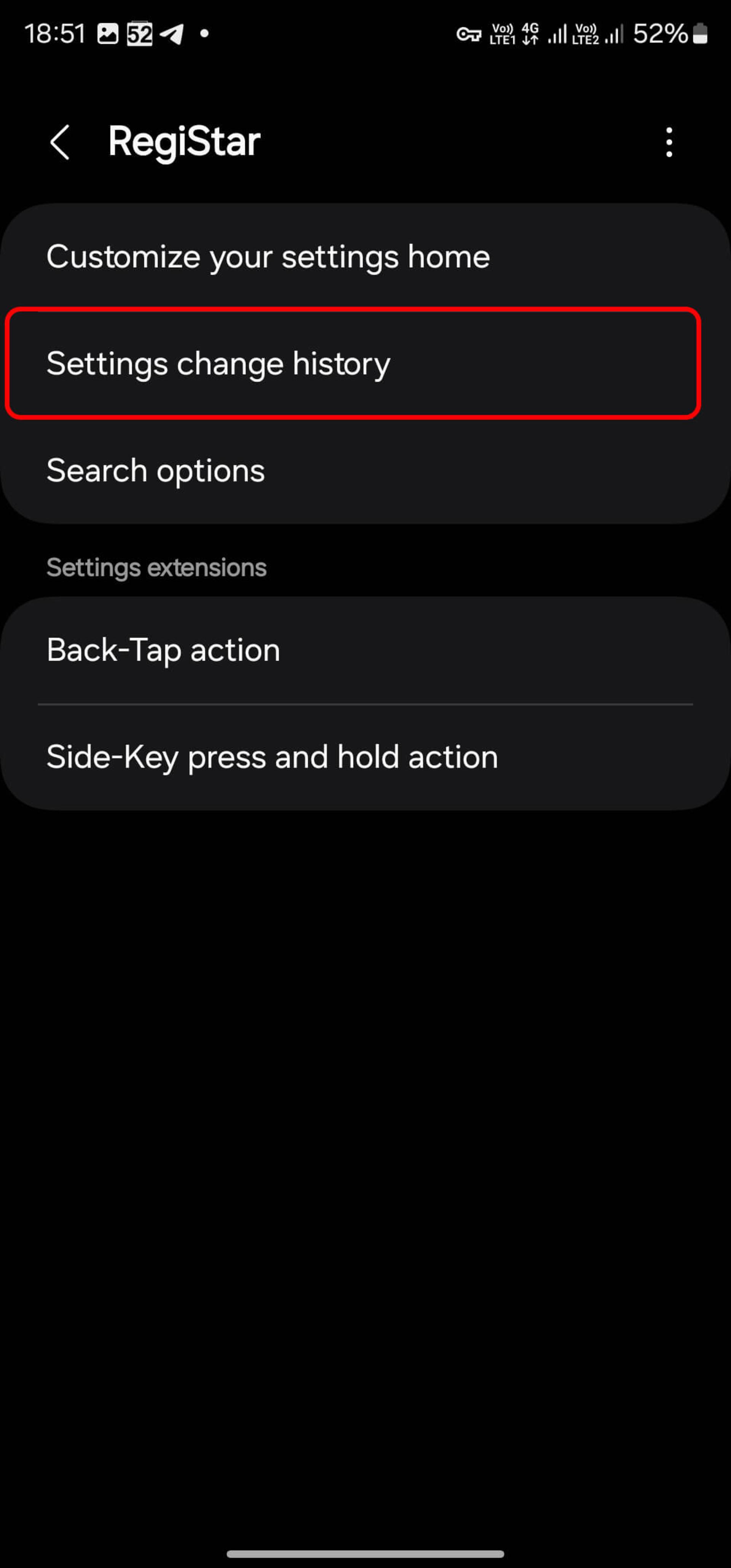 انتخاب Settings change history در ماژول registar