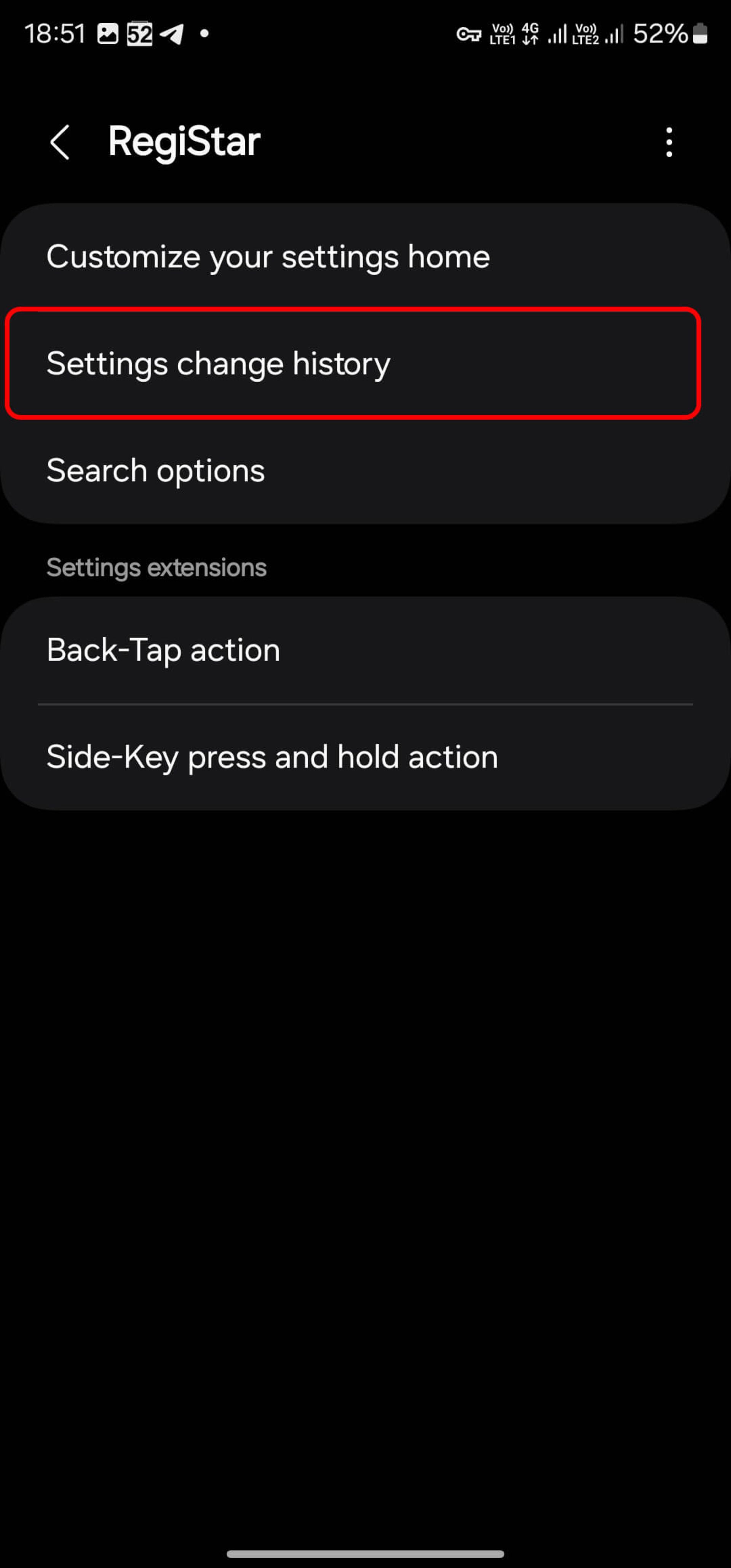 انتخاب Settings change history در ماژول registar