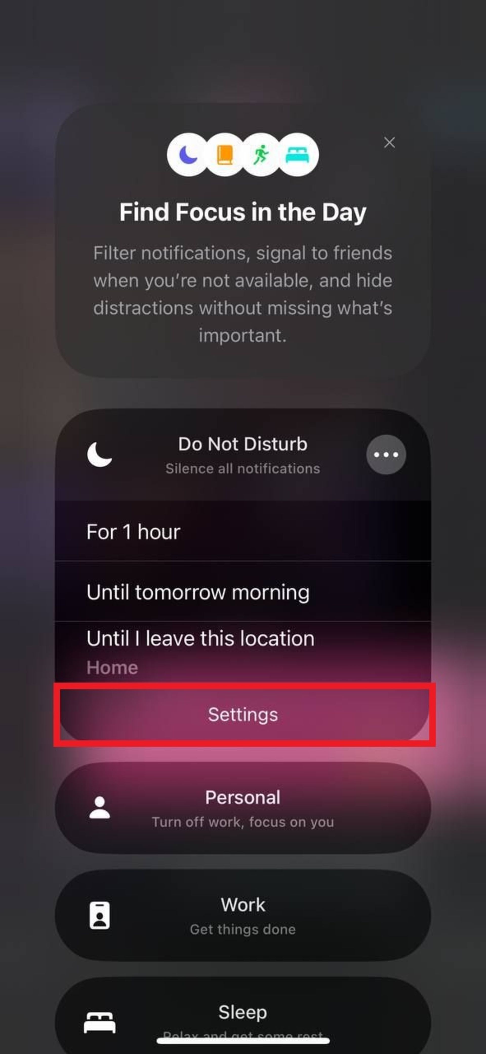 گزینه‌ی setting در do not disturb گوشی آیفون