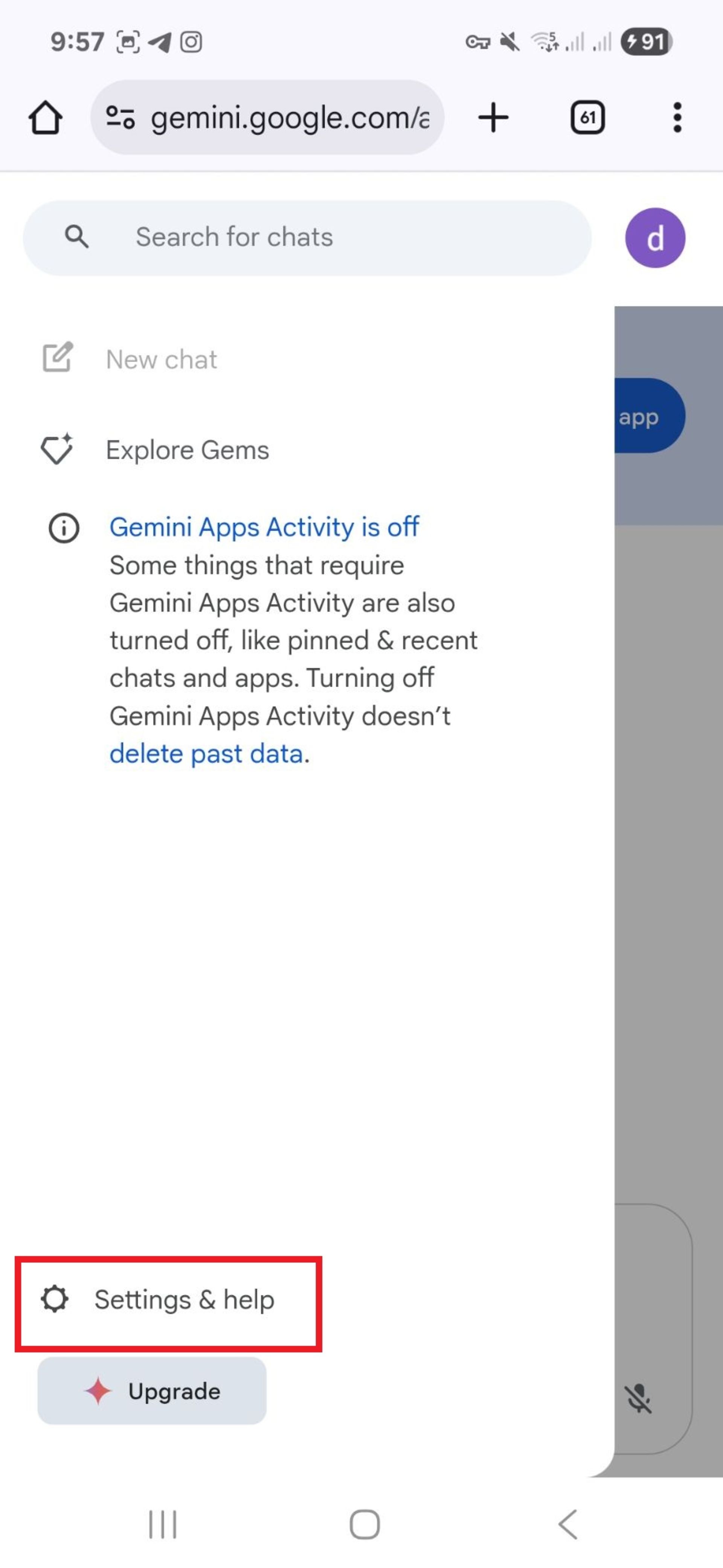 بخش settings &help جمنای