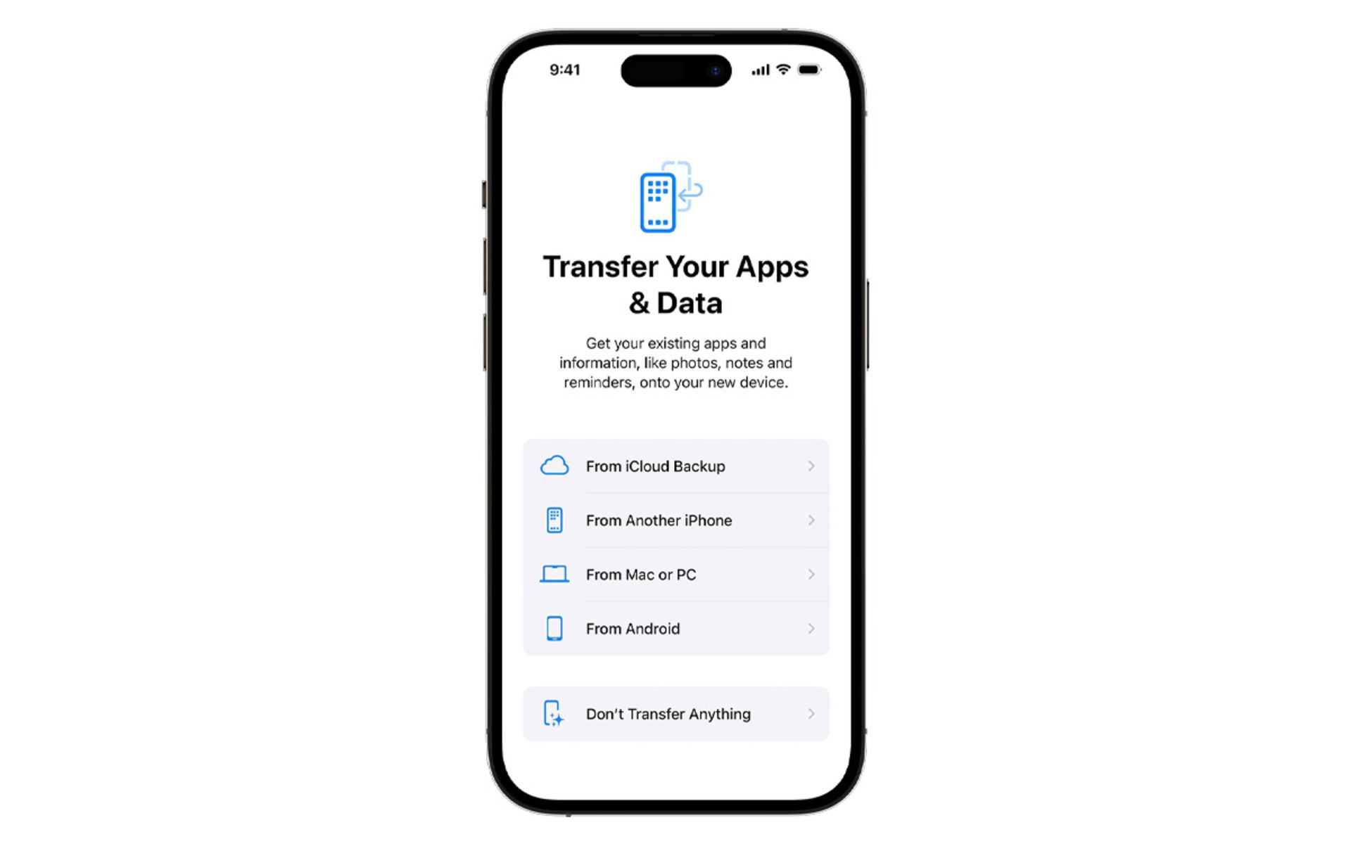 انتقال برنامه‌ ها و داده‌ ها (Transfer Your Apps & Data) برای راه اندازی گوشی آیفون