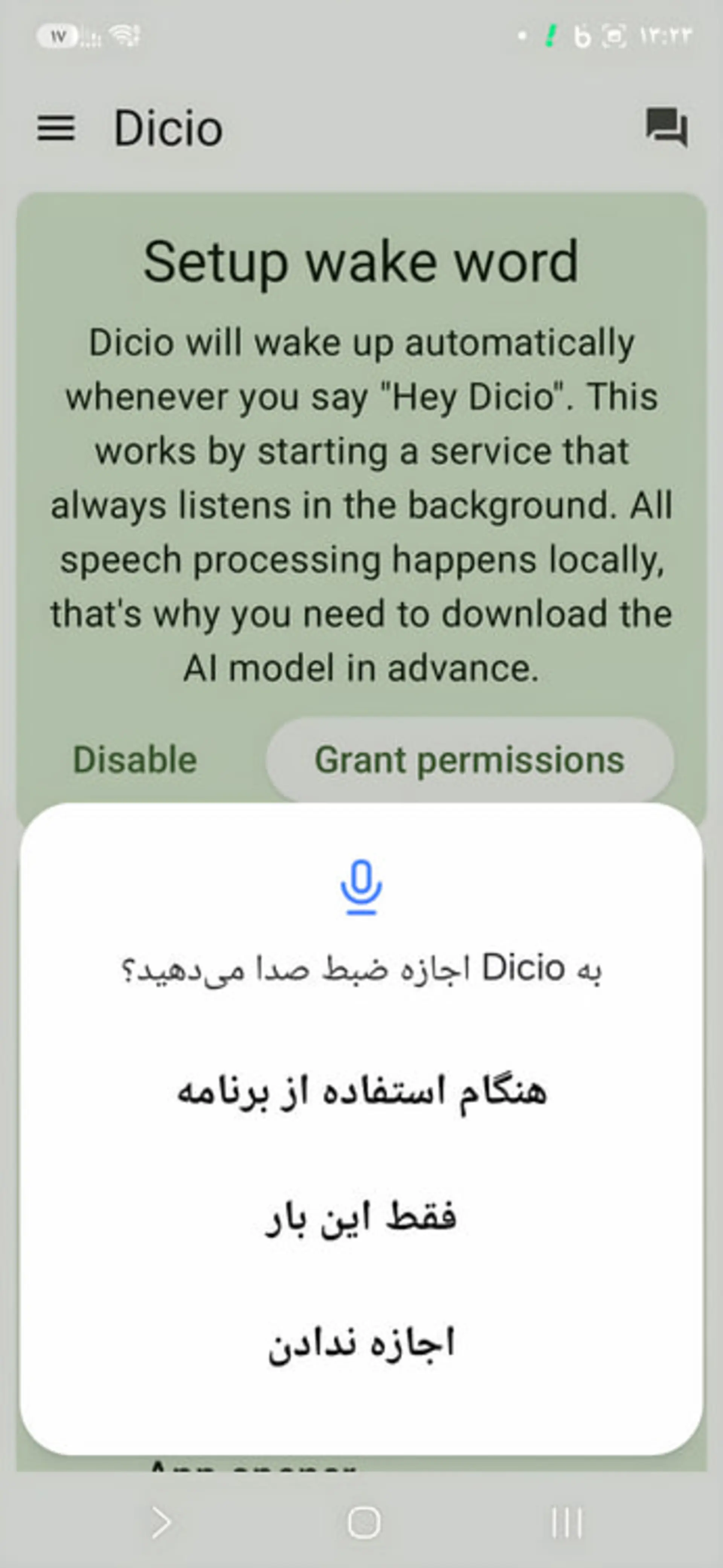 صفحه تنظیمات کلمه هوشیار (Wake Word) در اپلیکیشن Dicio اندروید